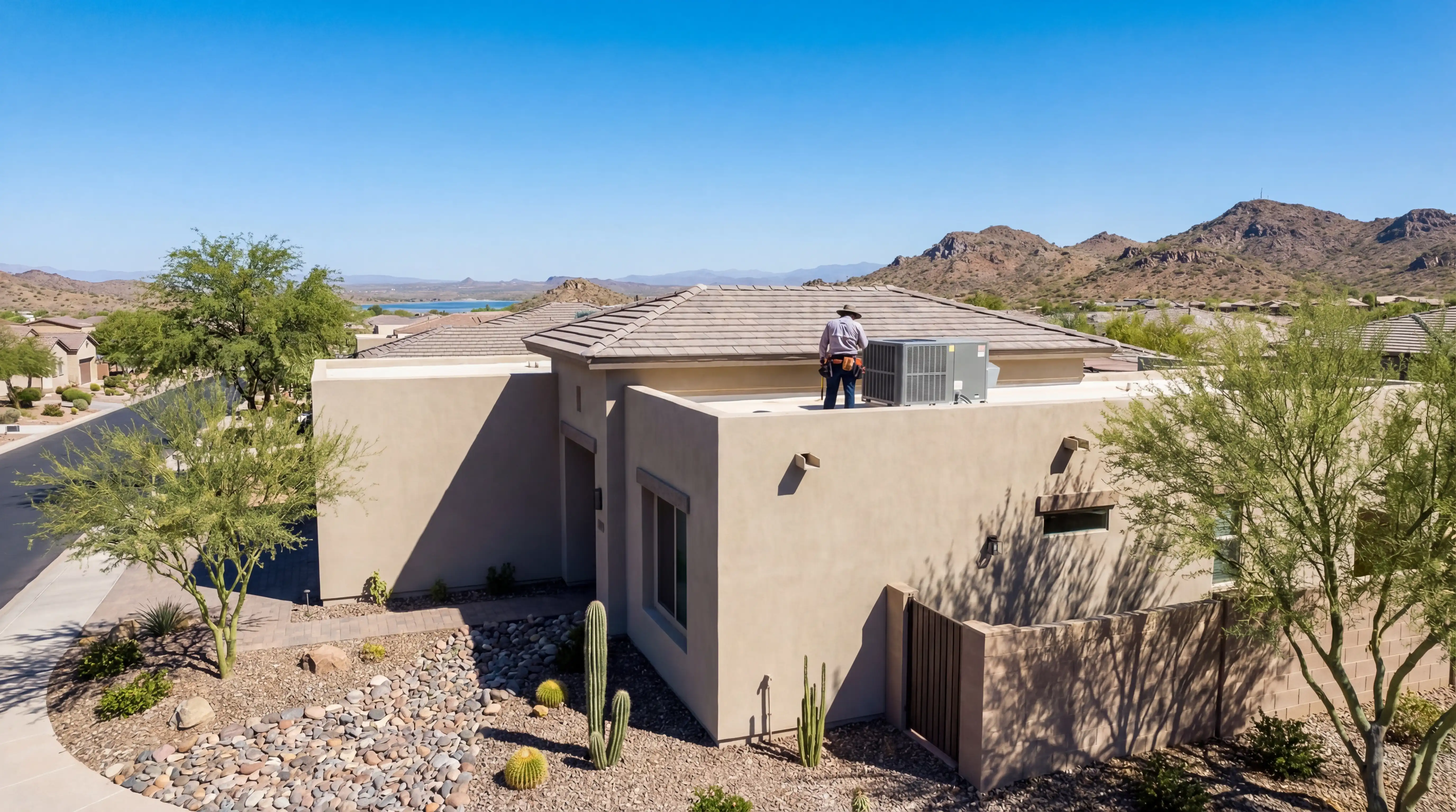Professional HVAC technician inspecting rooftop AC unit at a Peoria, AZ stucco home