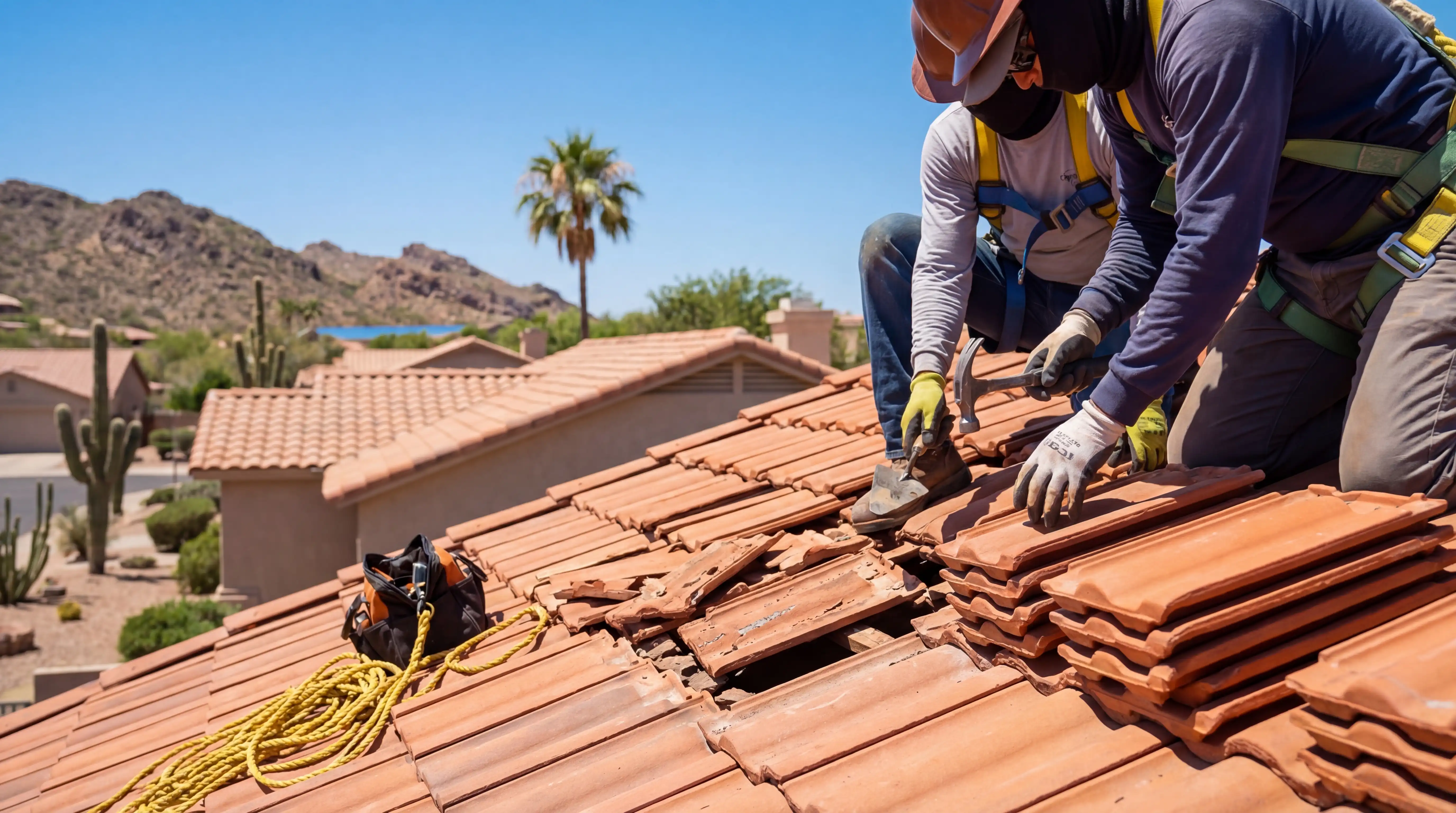 Roofing contractors replacing clay tile roof on a Peoria, AZ stucco home under desert blue sky