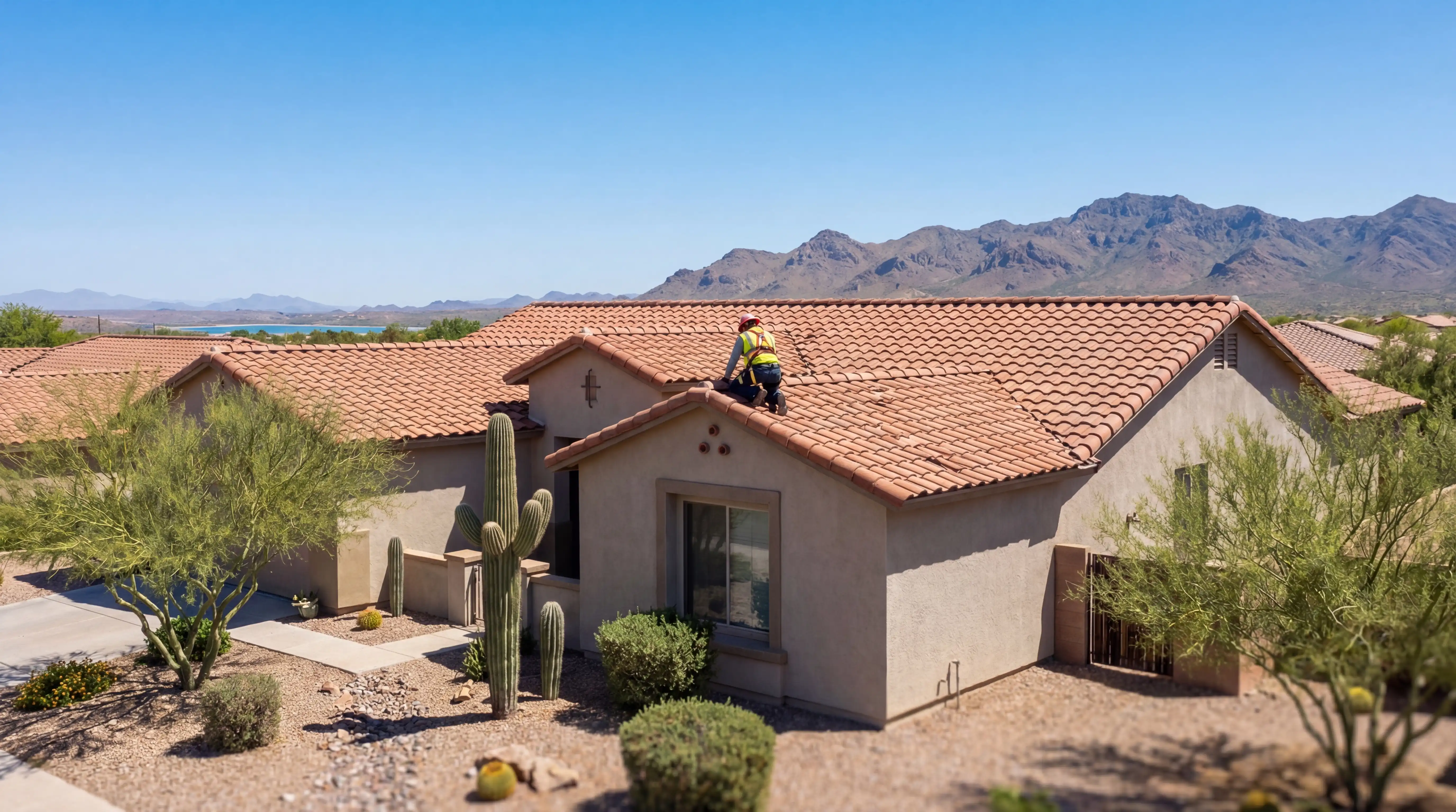 Roofing contractors replacing clay tile roof on a Peoria, AZ stucco home under desert blue sky