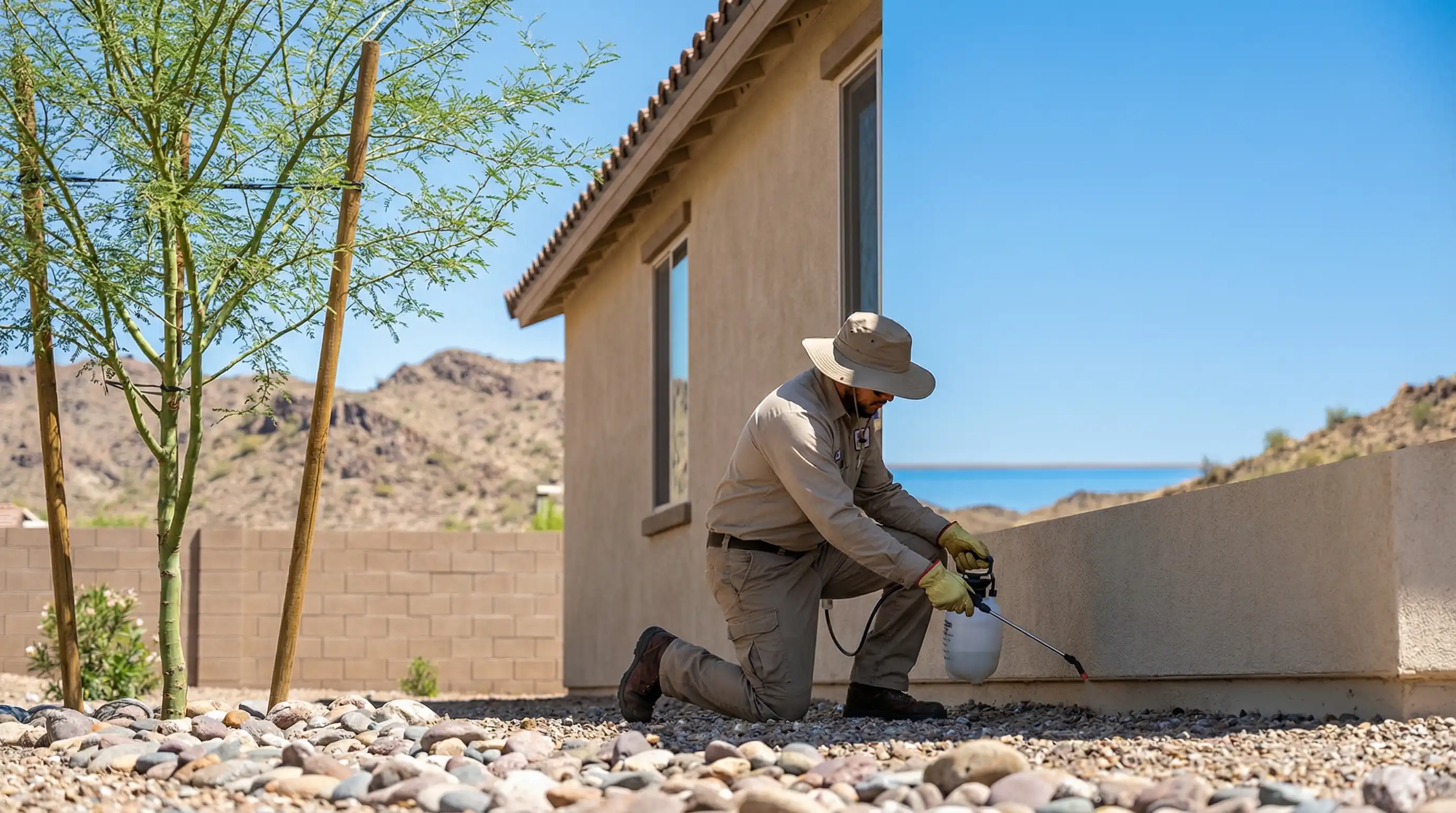 Pest control technician treating perimeter of stucco home in Peoria, AZ suburban neighborhood