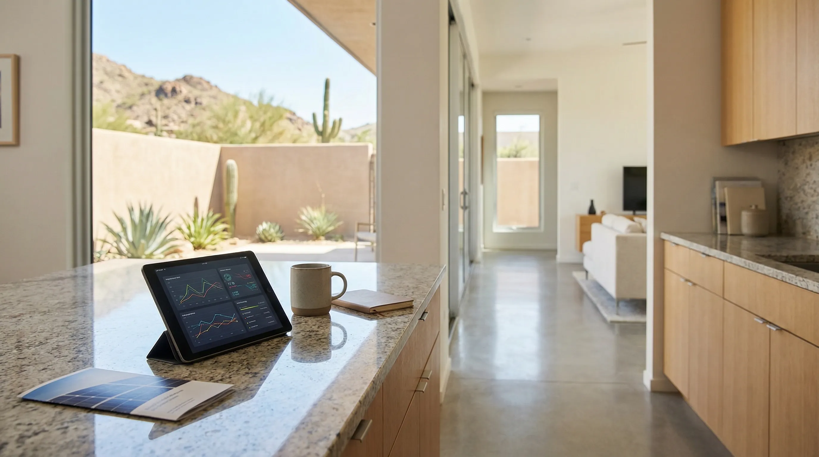 Solar panels installed on tile roof of modern Peoria, AZ home under brilliant Arizona blue sky