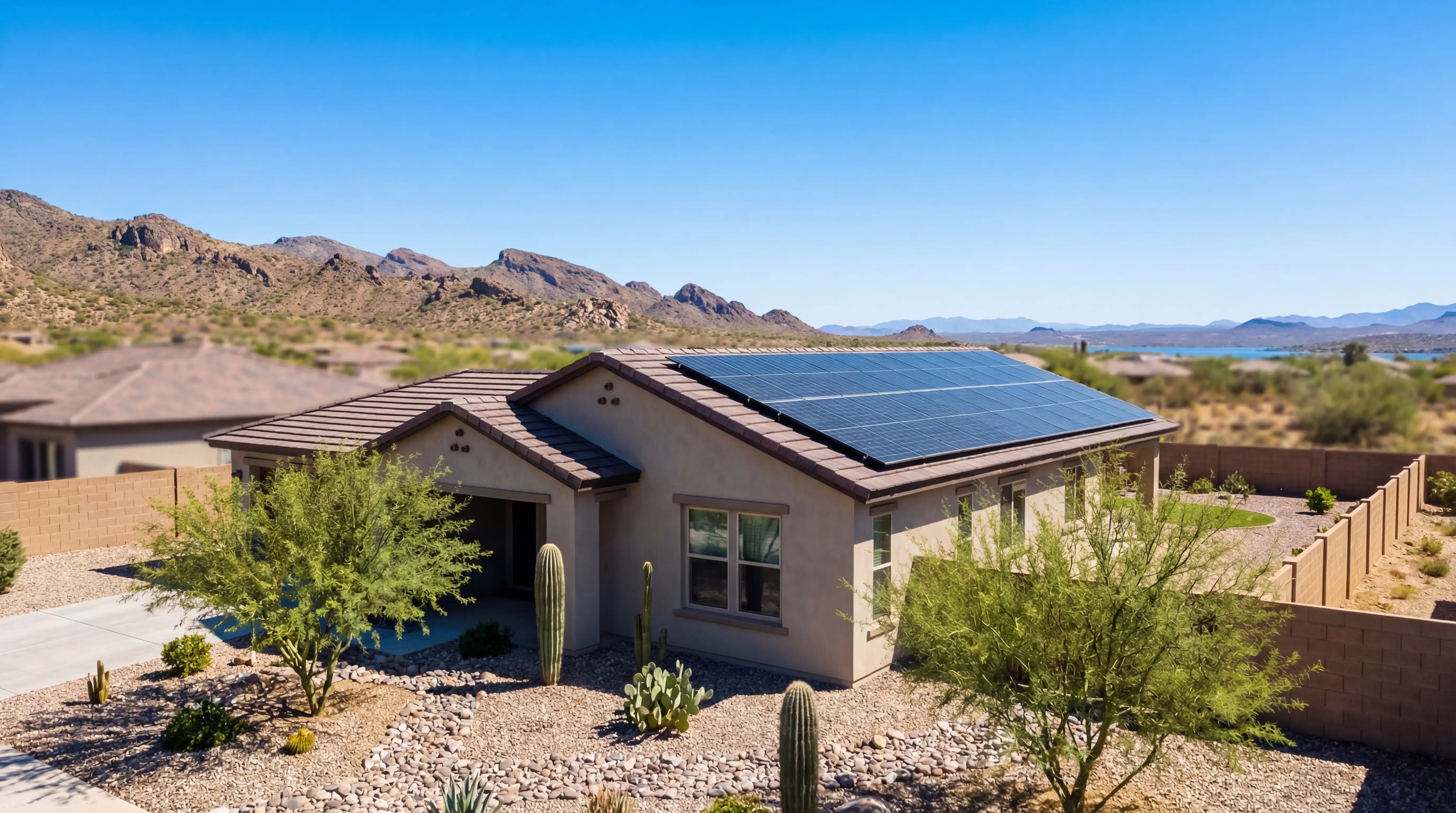 Solar panels installed on tile roof of modern Peoria, AZ home under brilliant Arizona blue sky