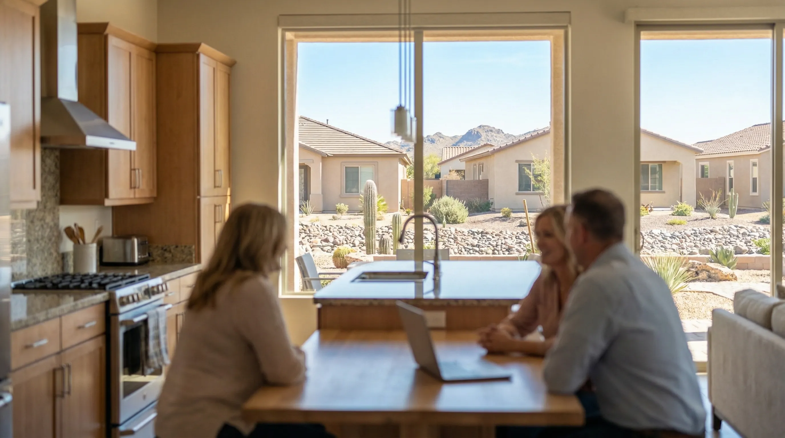 Real estate agent showing modern home exterior to buyers in Peoria, AZ