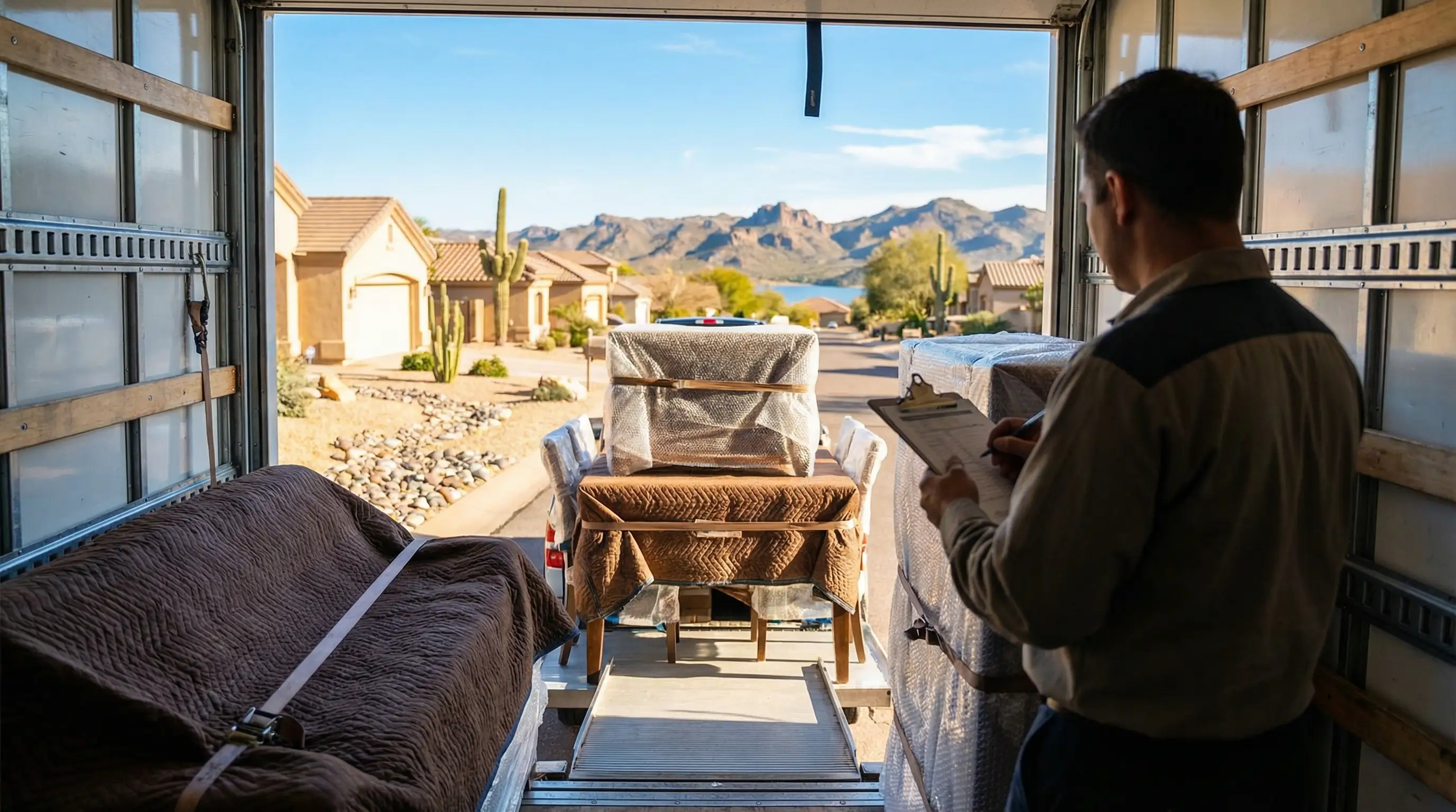 Professional movers loading furniture into truck outside Peoria, AZ suburban home
