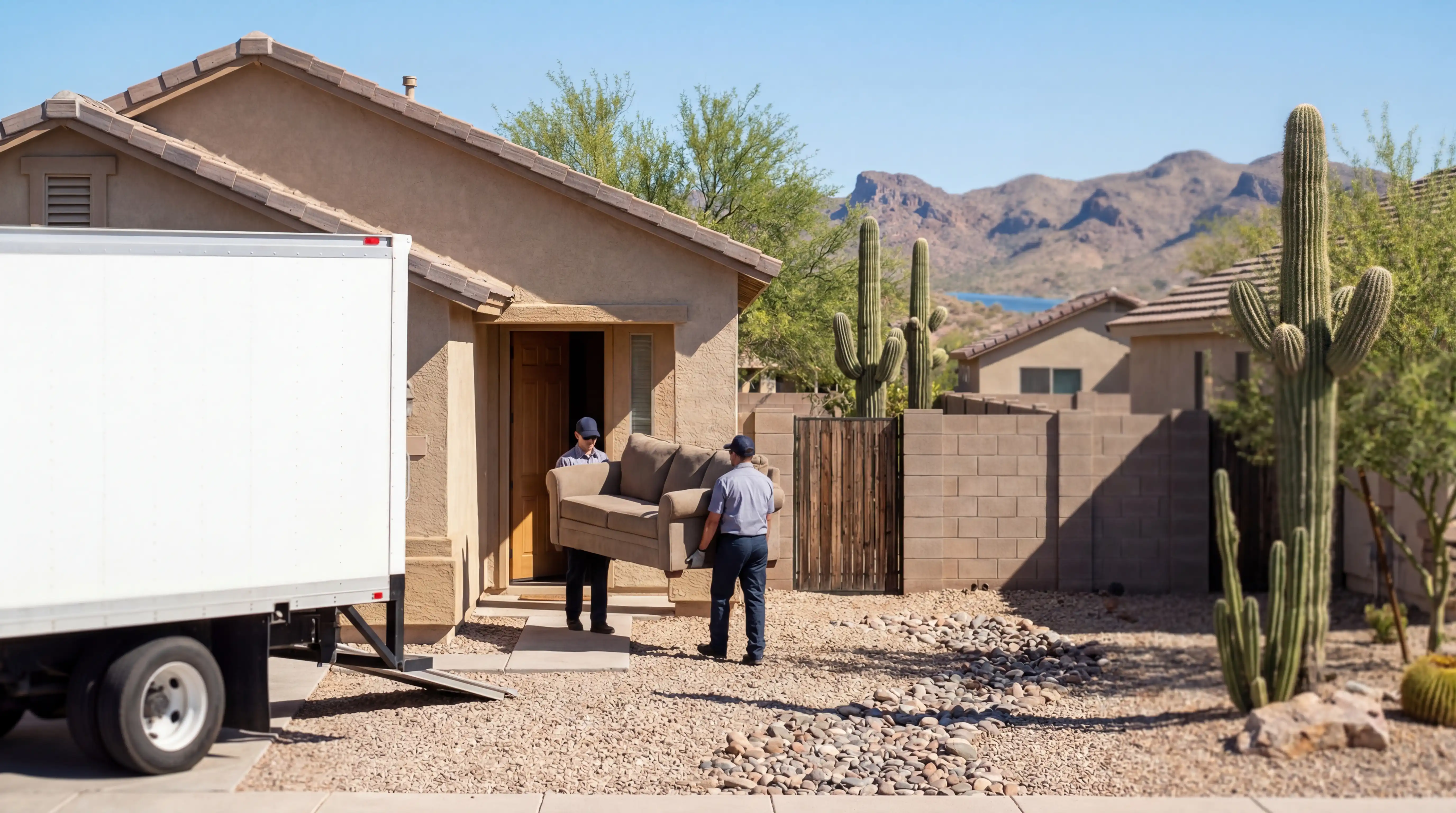 Professional movers loading furniture into truck outside Peoria, AZ suburban home