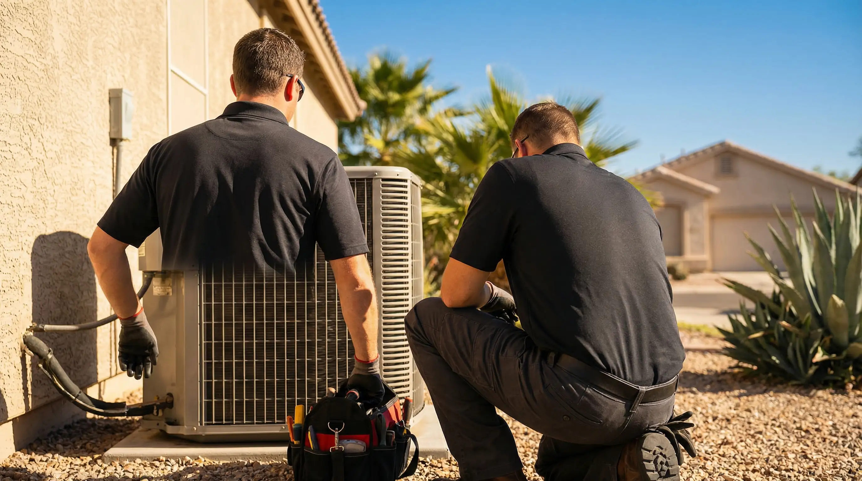 Professional HVAC technician inspecting outdoor condenser unit at a stucco ranch home in Brownsville, TX