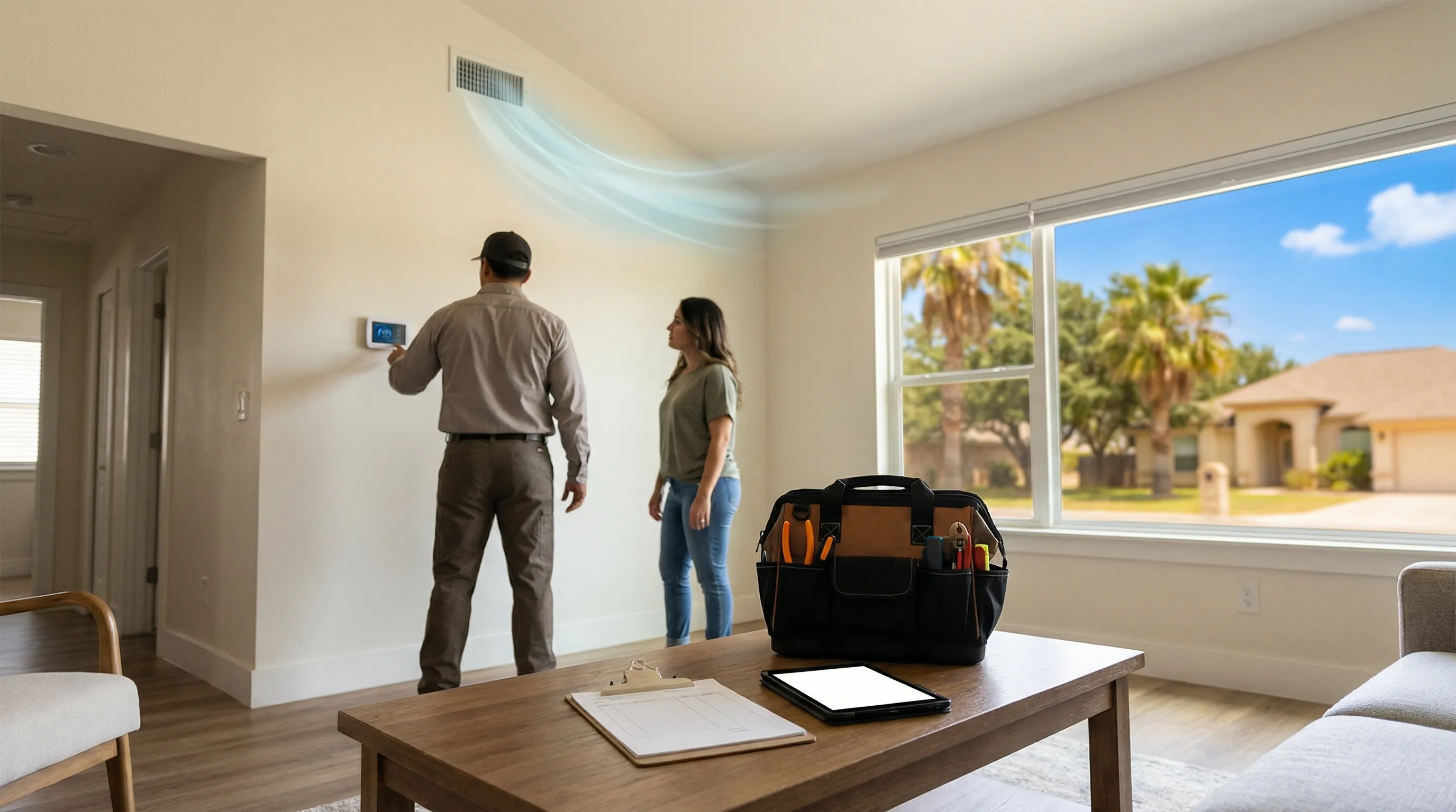 Professional HVAC technician inspecting outdoor condenser unit at a stucco ranch home in Brownsville, TX