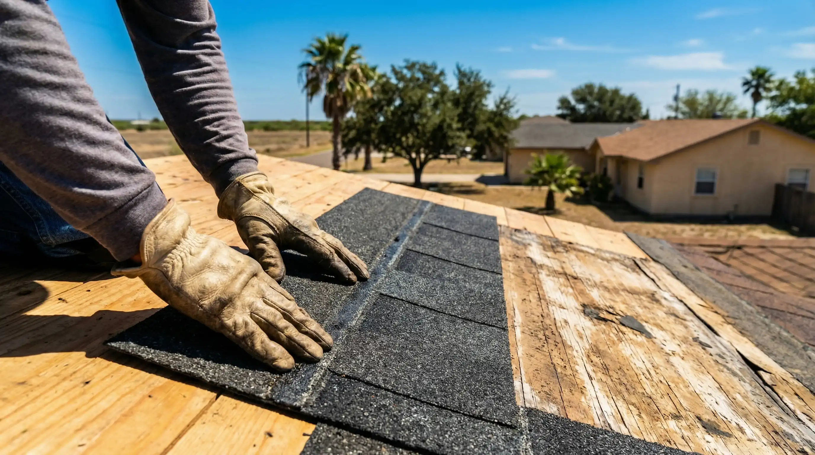 Professional roofer applying new shingles to a low-pitched roof on a South Texas home in Brownsville, TX