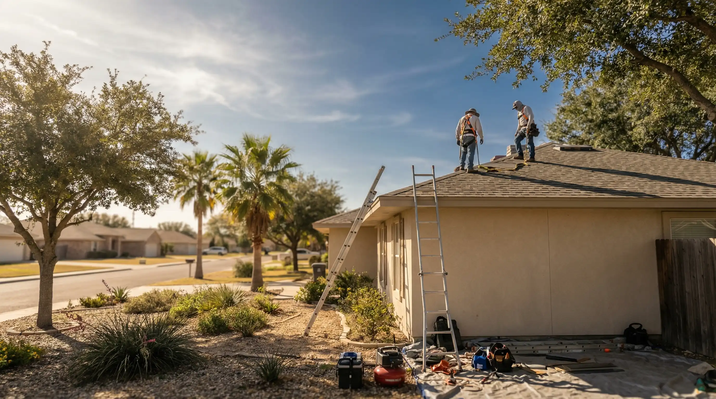 Professional roofer applying new shingles to a low-pitched roof on a South Texas home in Brownsville, TX