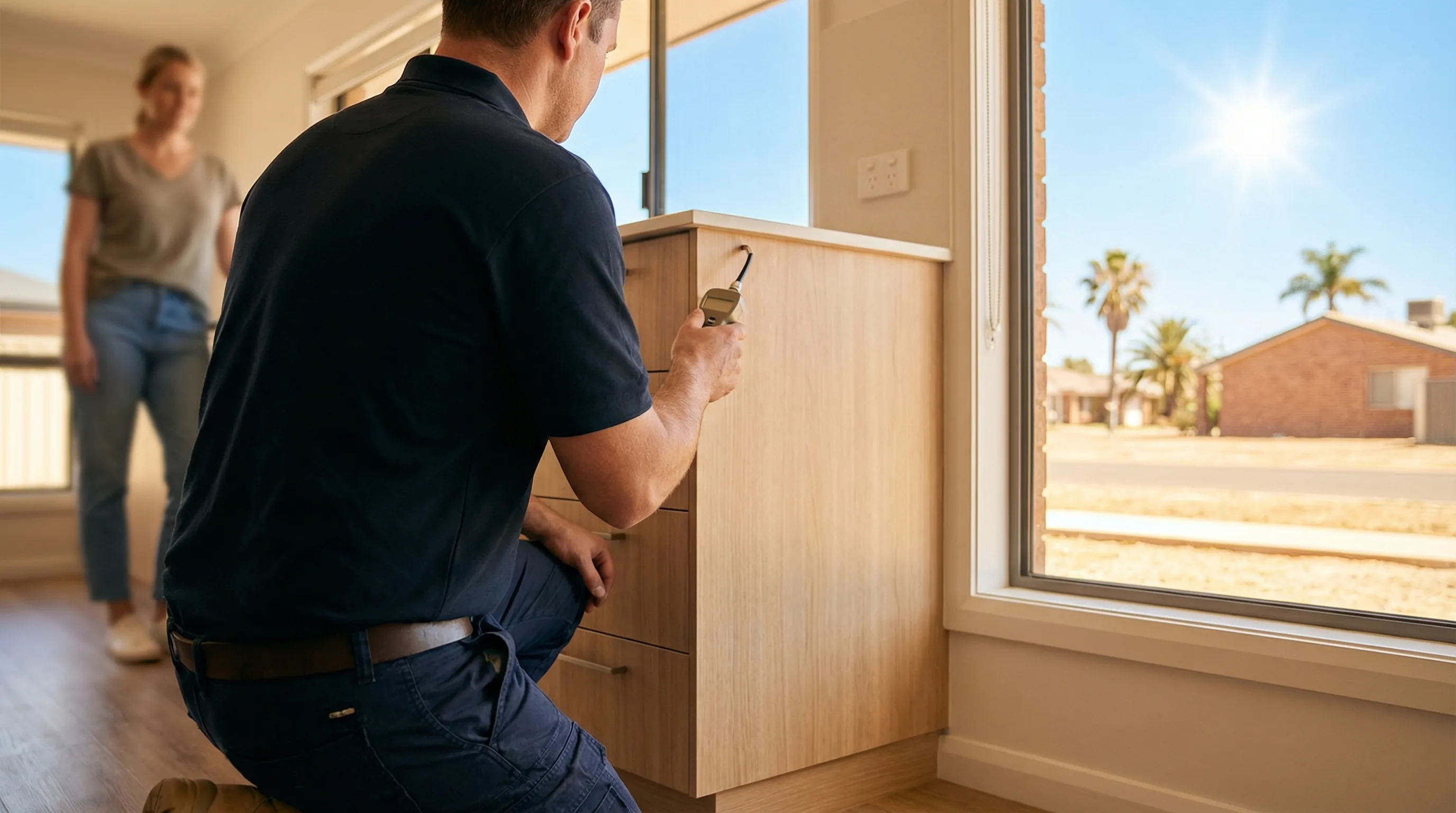 Professional pest control technician treating the exterior perimeter of a suburban home in Brownsville, TX