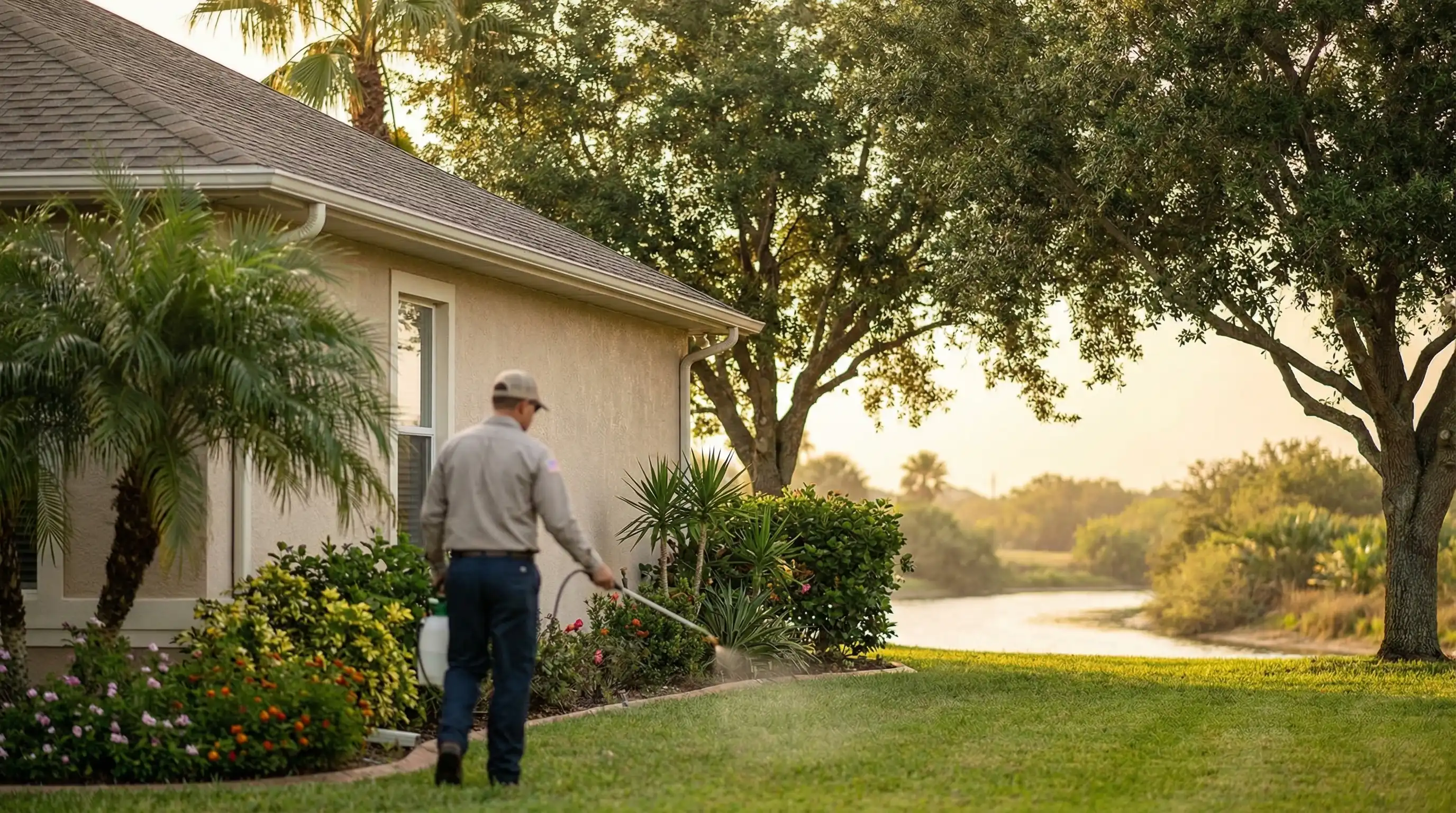 Professional pest control technician treating the exterior perimeter of a suburban home in Brownsville, TX