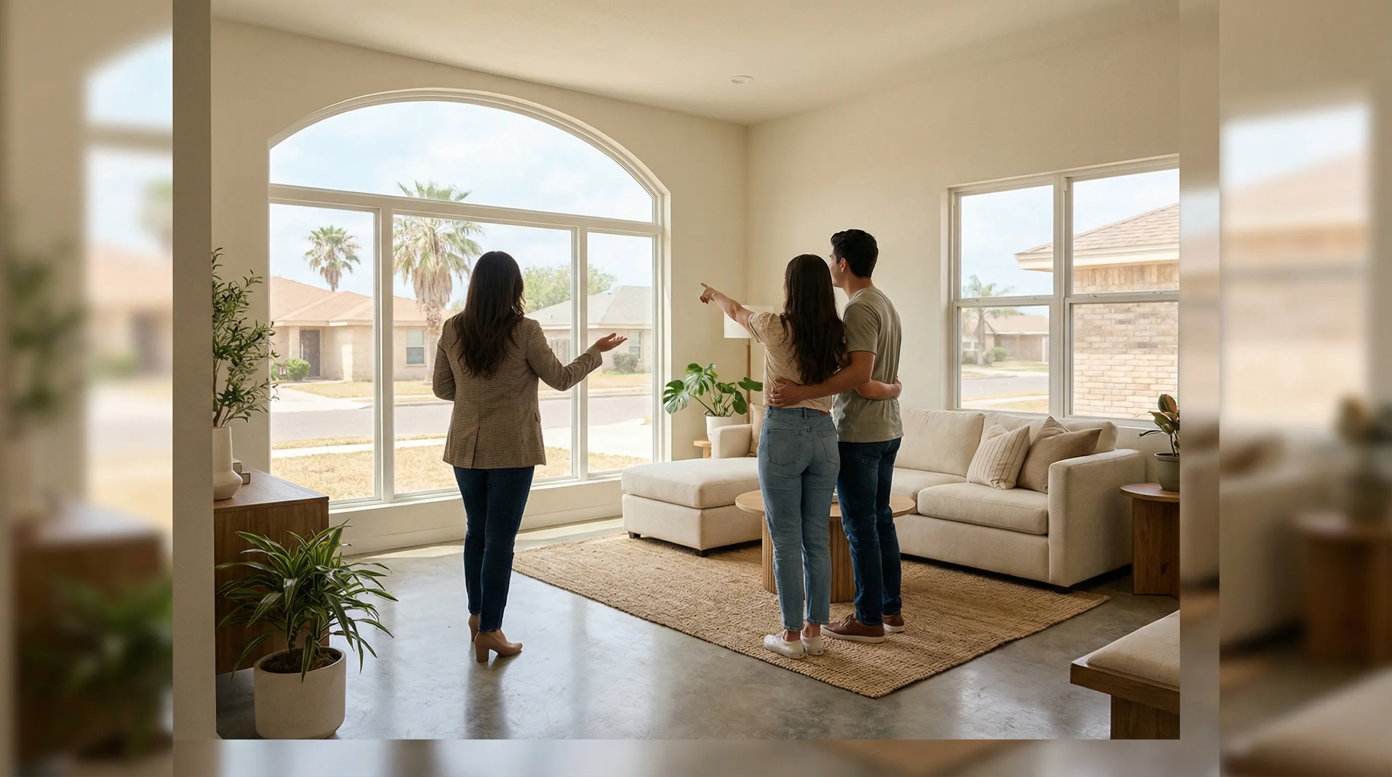 Real estate agent showing a home to a young couple in a Brownsville, TX neighborhood near SpaceX Starbase