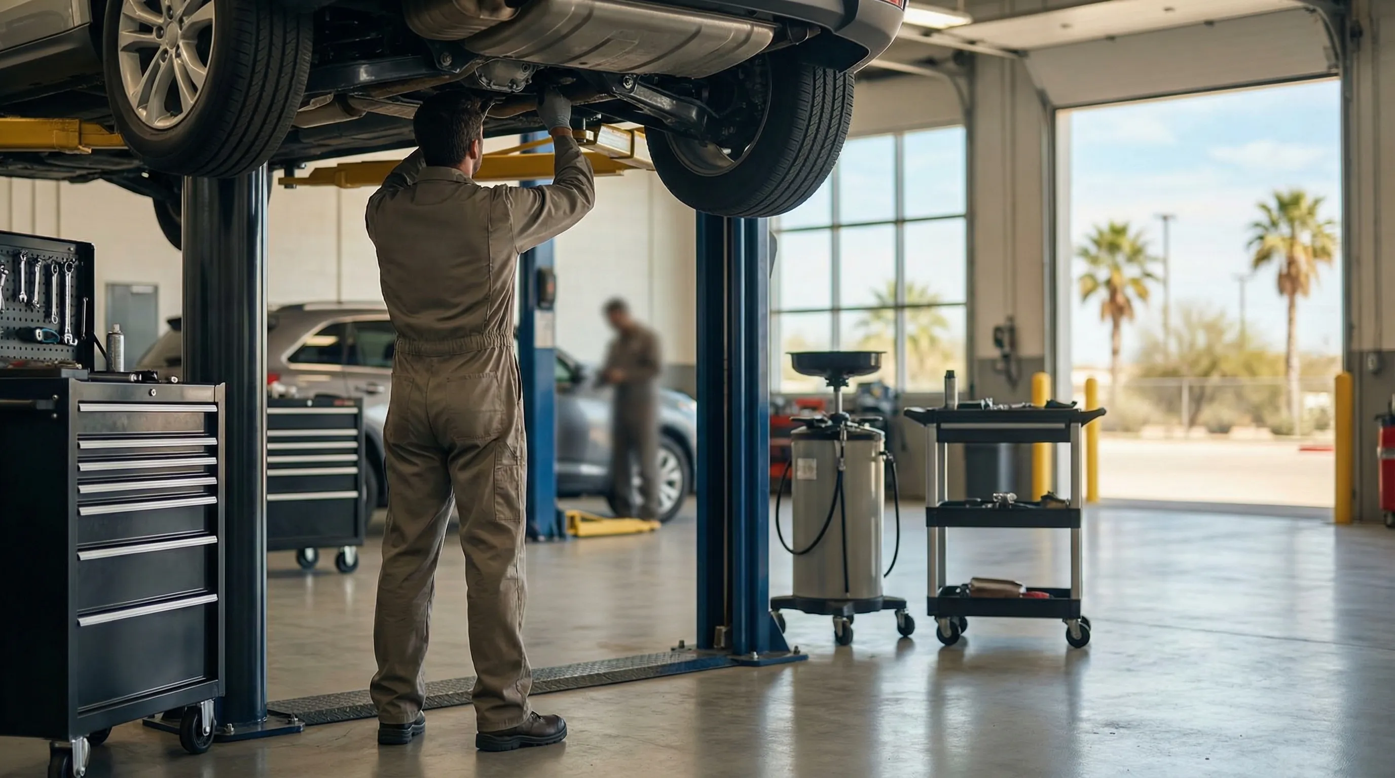 Professional auto repair mechanic working on a vehicle in a Brownsville, TX service bay
