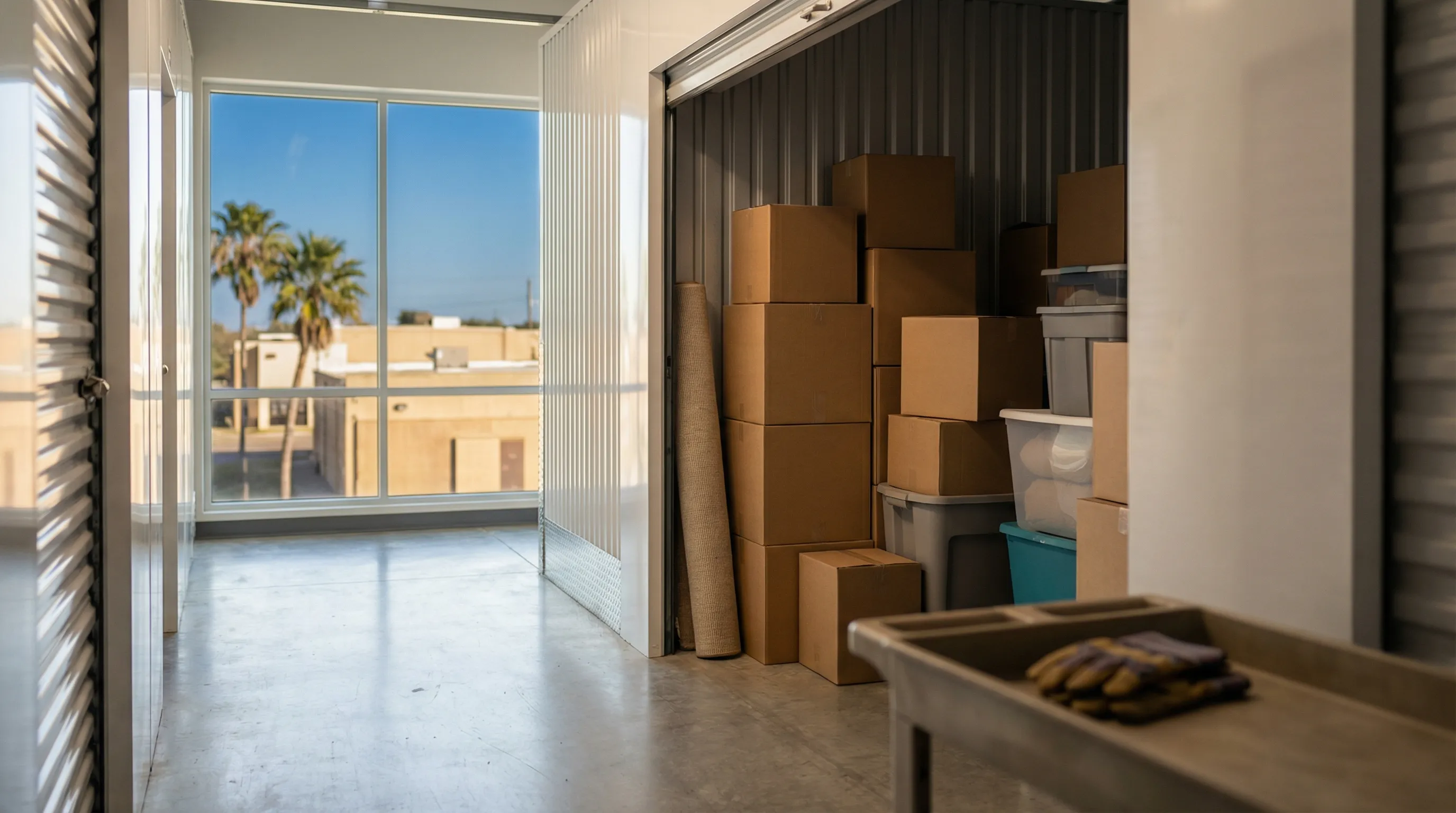 Professional movers loading a moving truck in front of a residential home in Brownsville, TX