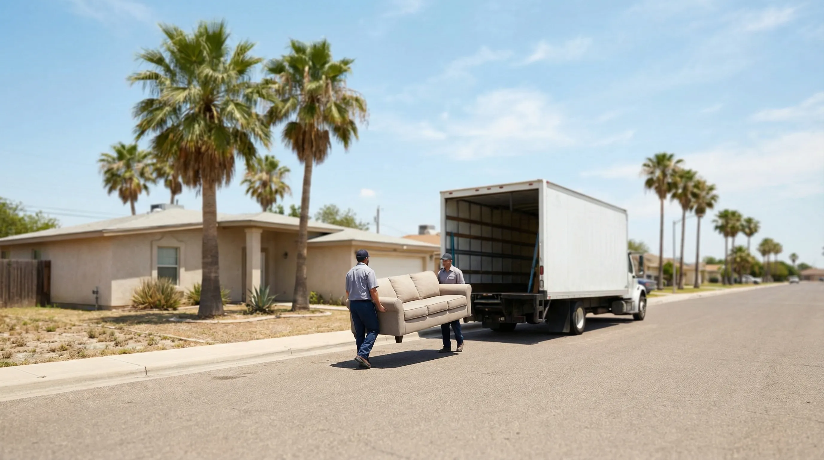 Professional movers loading a moving truck in front of a residential home in Brownsville, TX