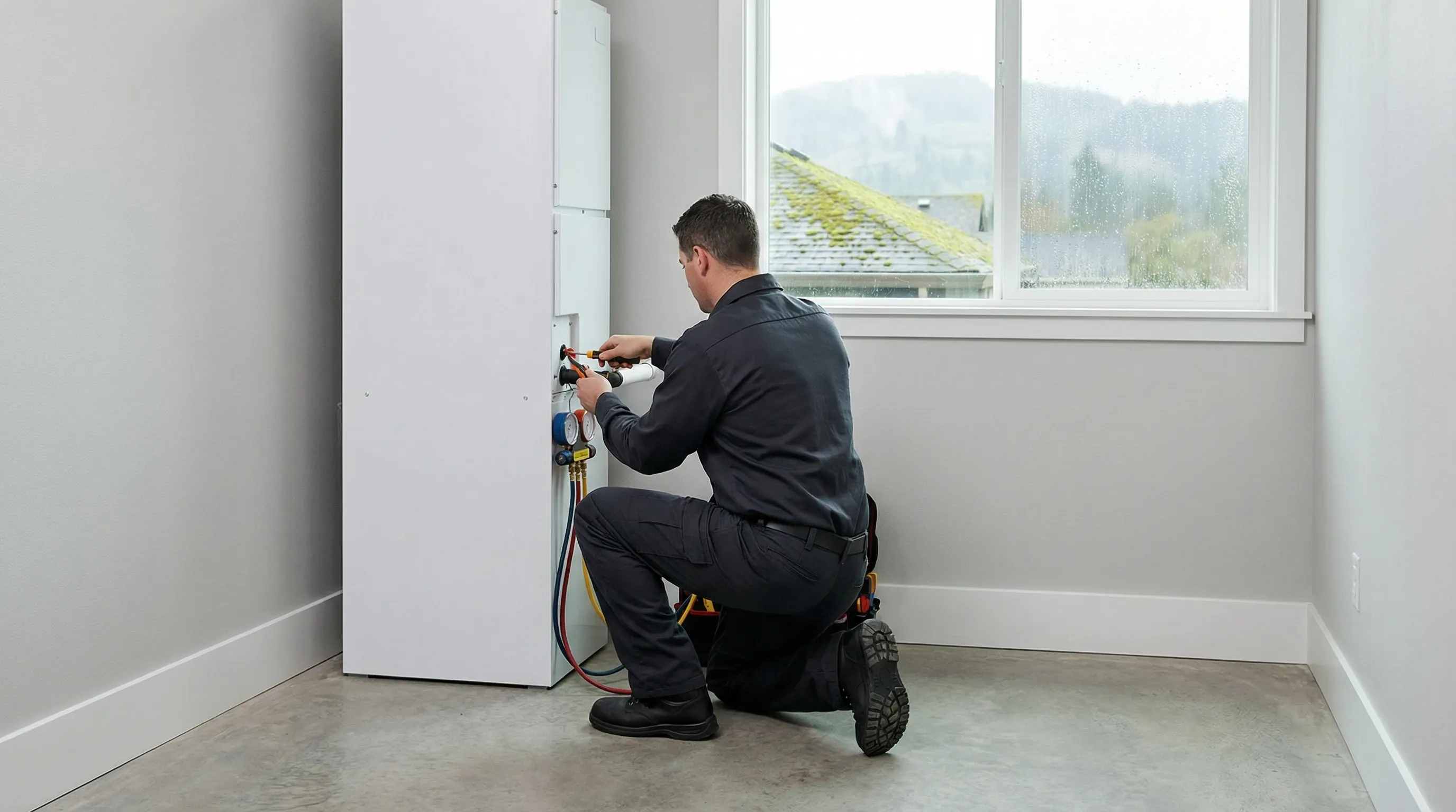 Professional HVAC technician servicing a heat pump unit outside a craftsman-style home in Salem, OR