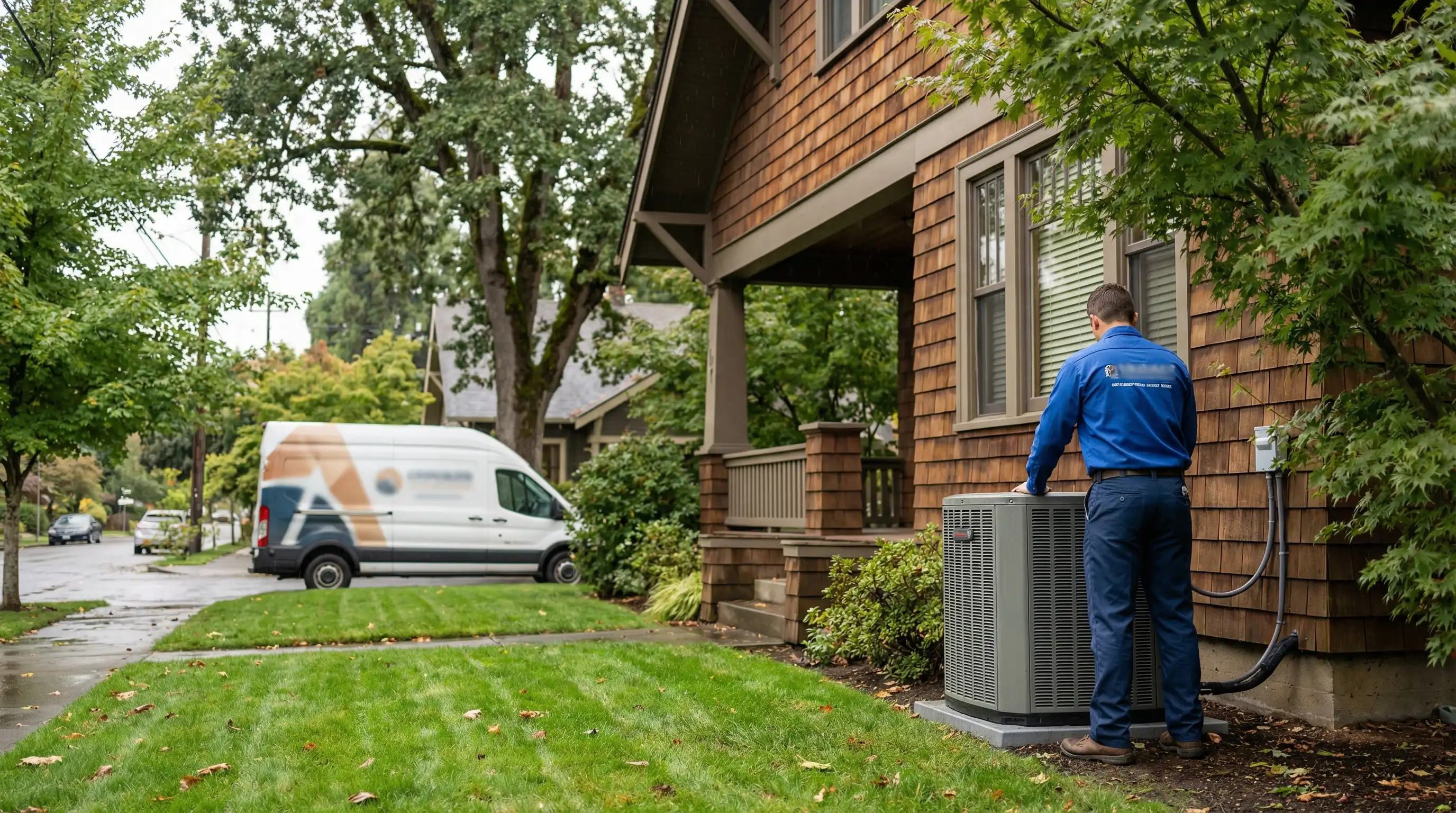 Professional HVAC technician servicing a heat pump unit outside a craftsman-style home in Salem, OR