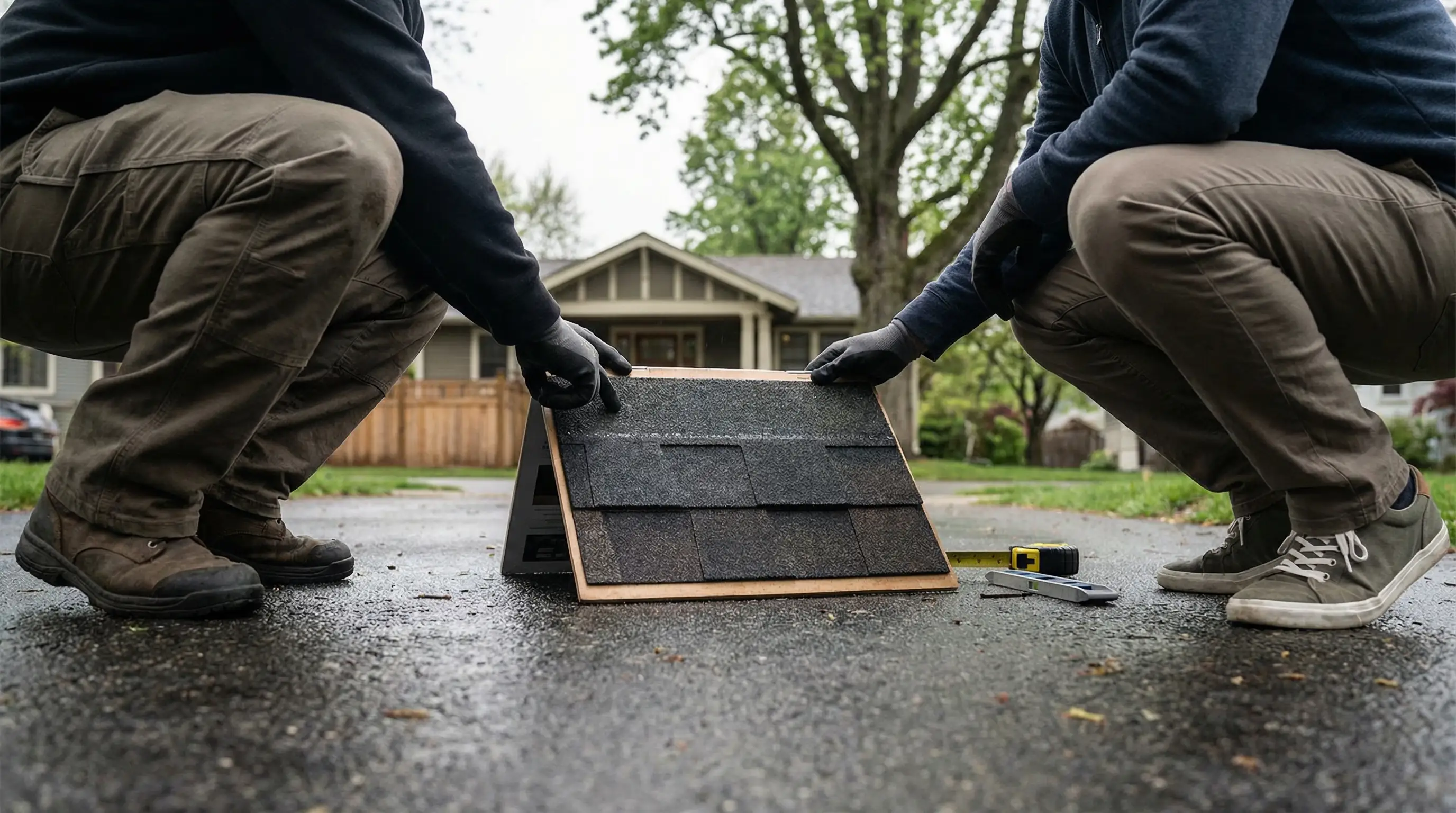 Salem roofing contractor replacing moss-stained shingles on a residential home with Pacific Northwest green hills in the background