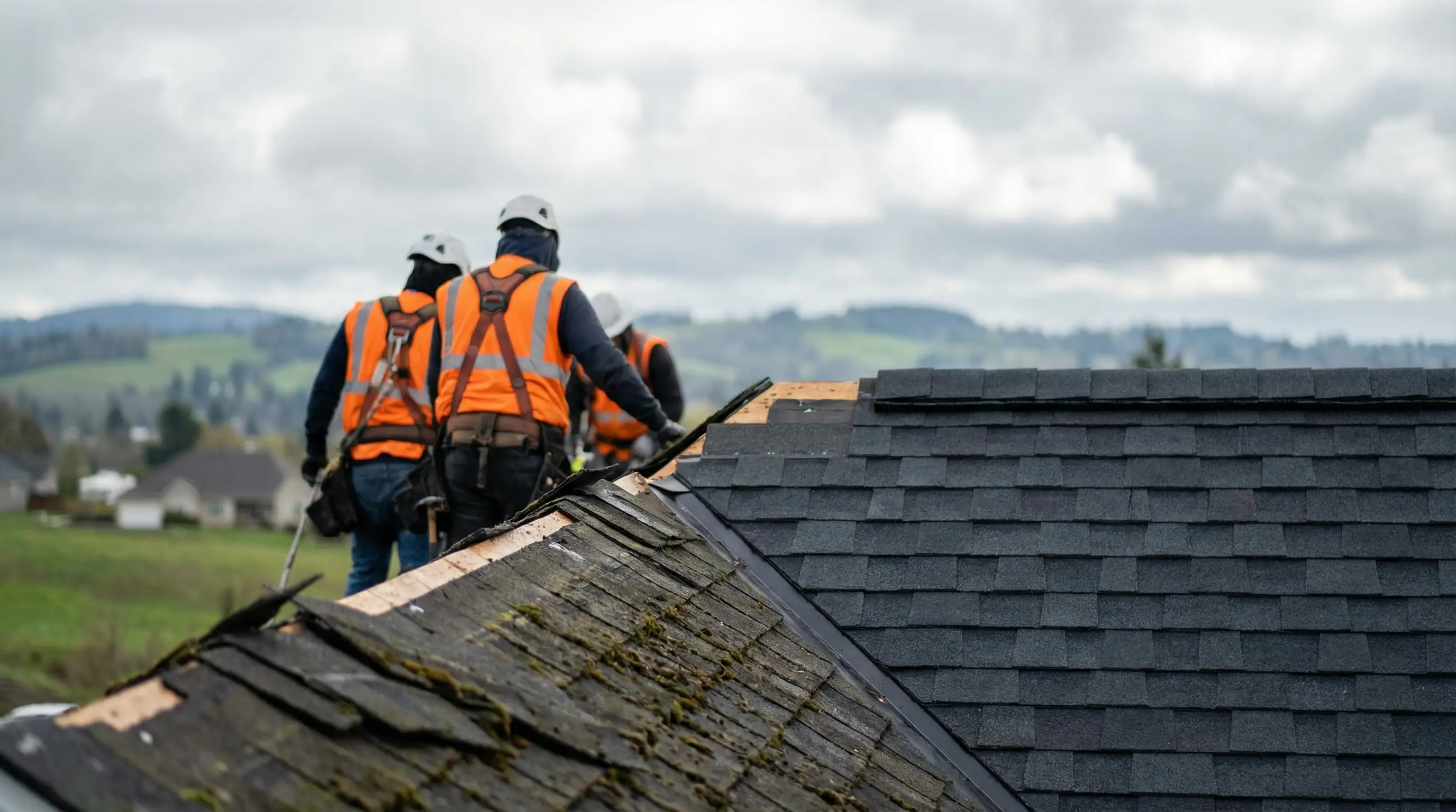 Salem roofing contractor replacing moss-stained shingles on a residential home with Pacific Northwest green hills in the background