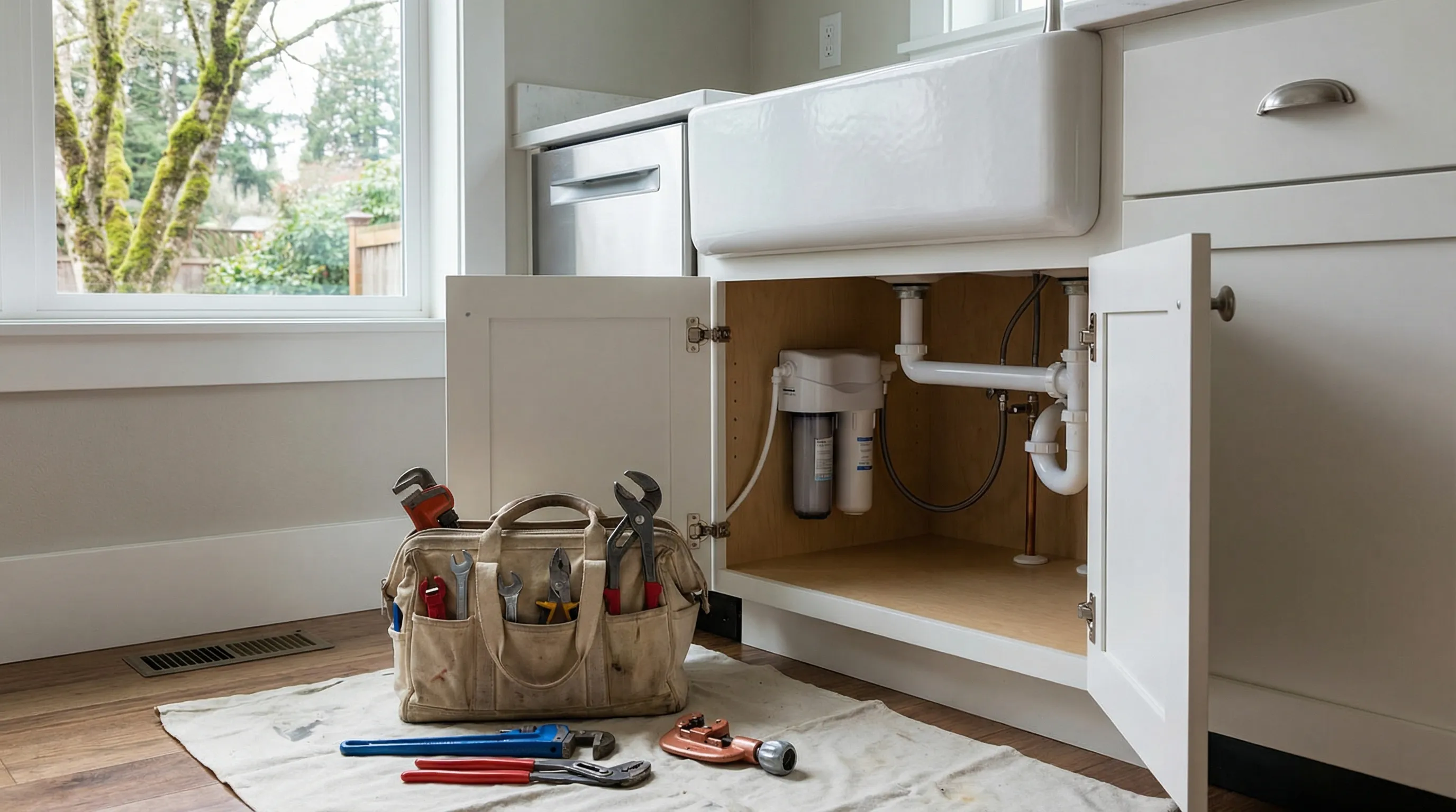 Professional plumber installing a tankless water heater in a Salem, OR residential home with clean utility room setting