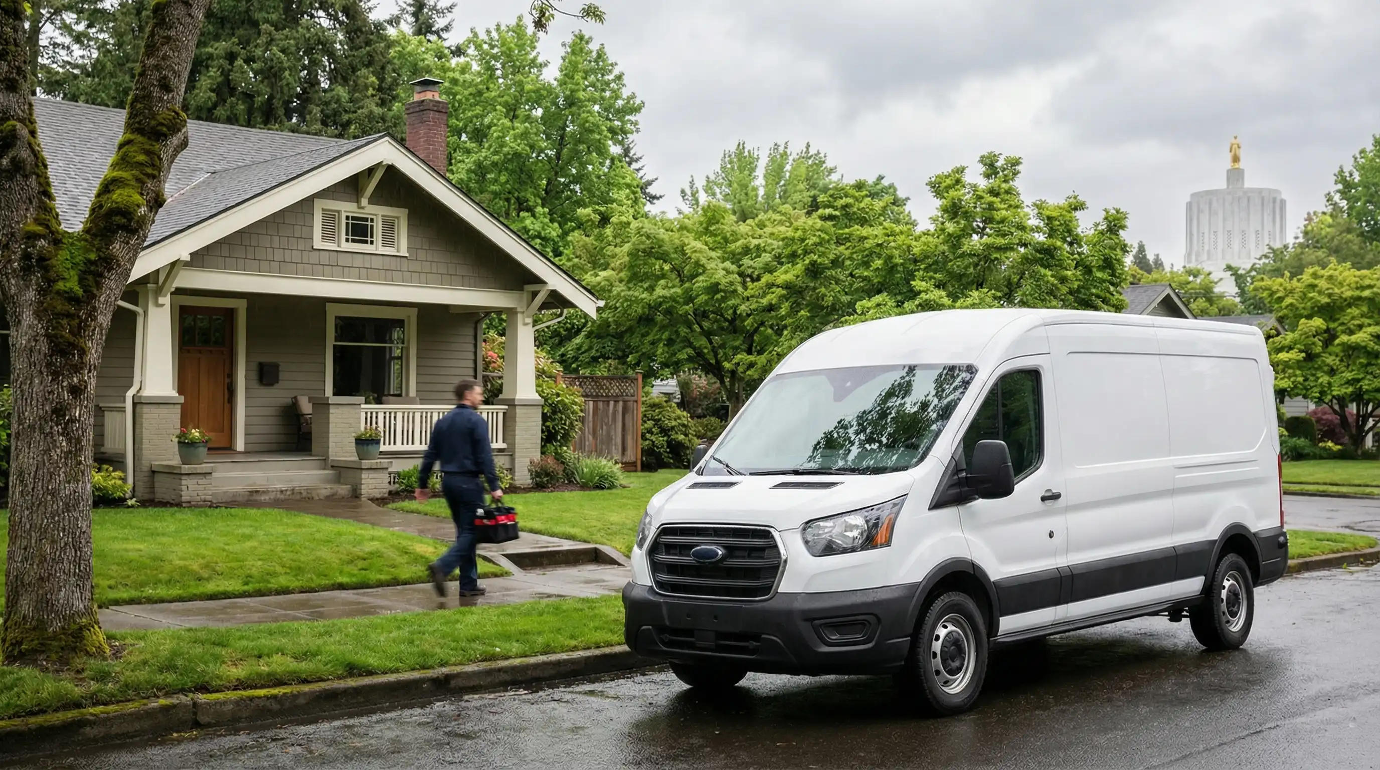 Professional plumber installing a tankless water heater in a Salem, OR residential home with clean utility room setting