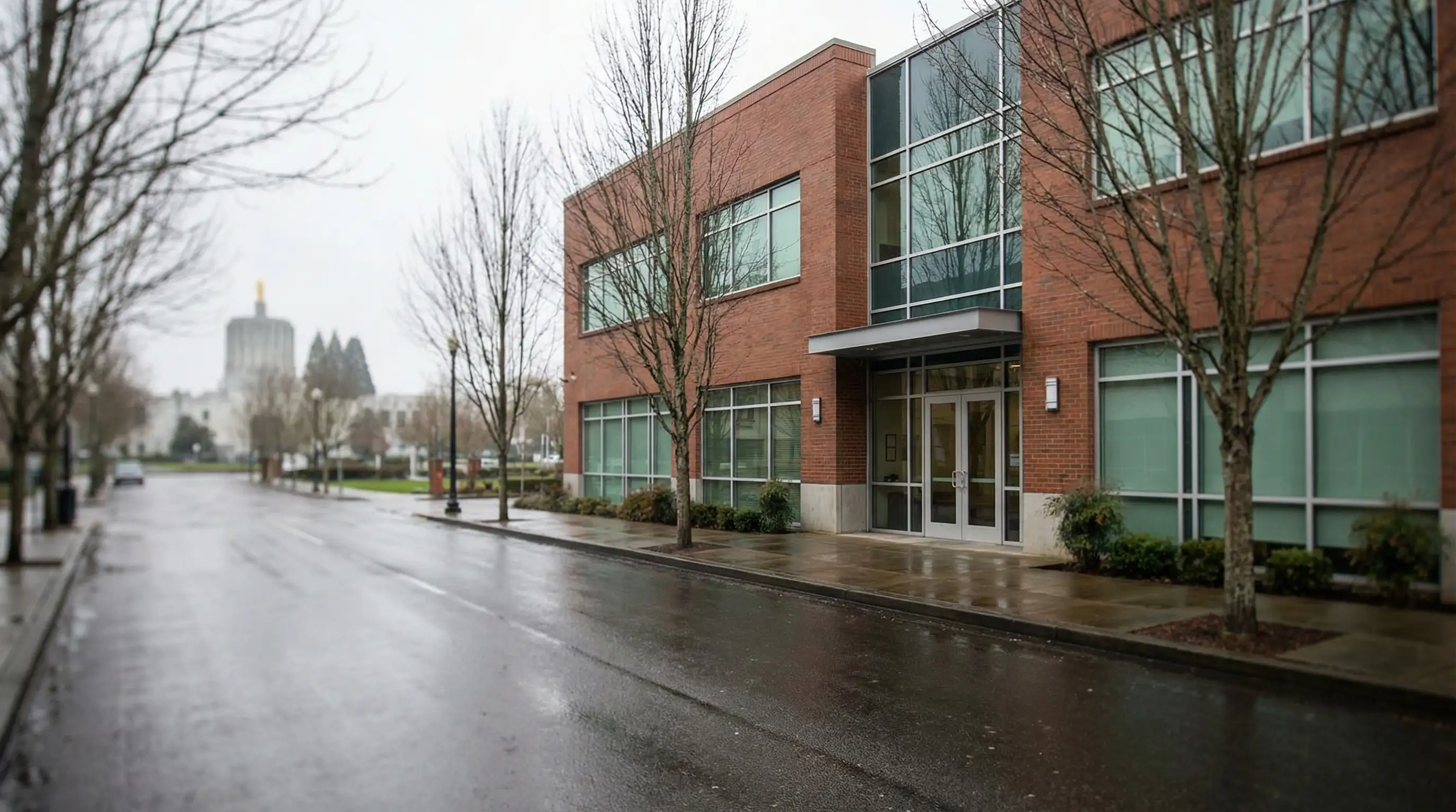 Professional Salem, OR attorney consulting with a client in a law office with the Oregon State Capitol implied in the background