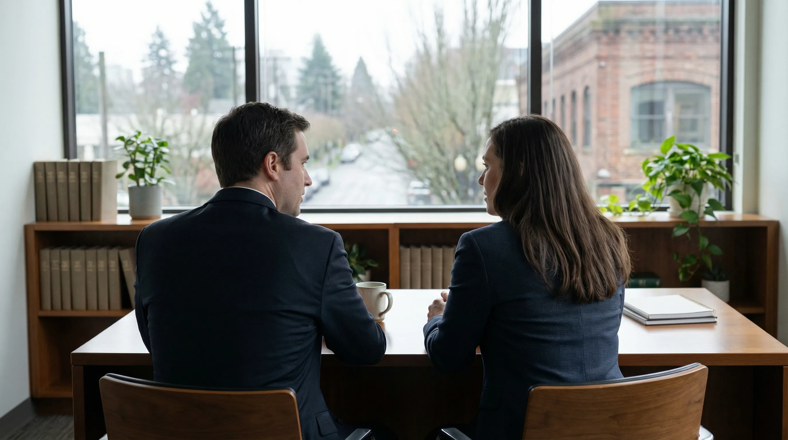 Professional Salem, OR attorney consulting with a client in a law office with the Oregon State Capitol implied in the background