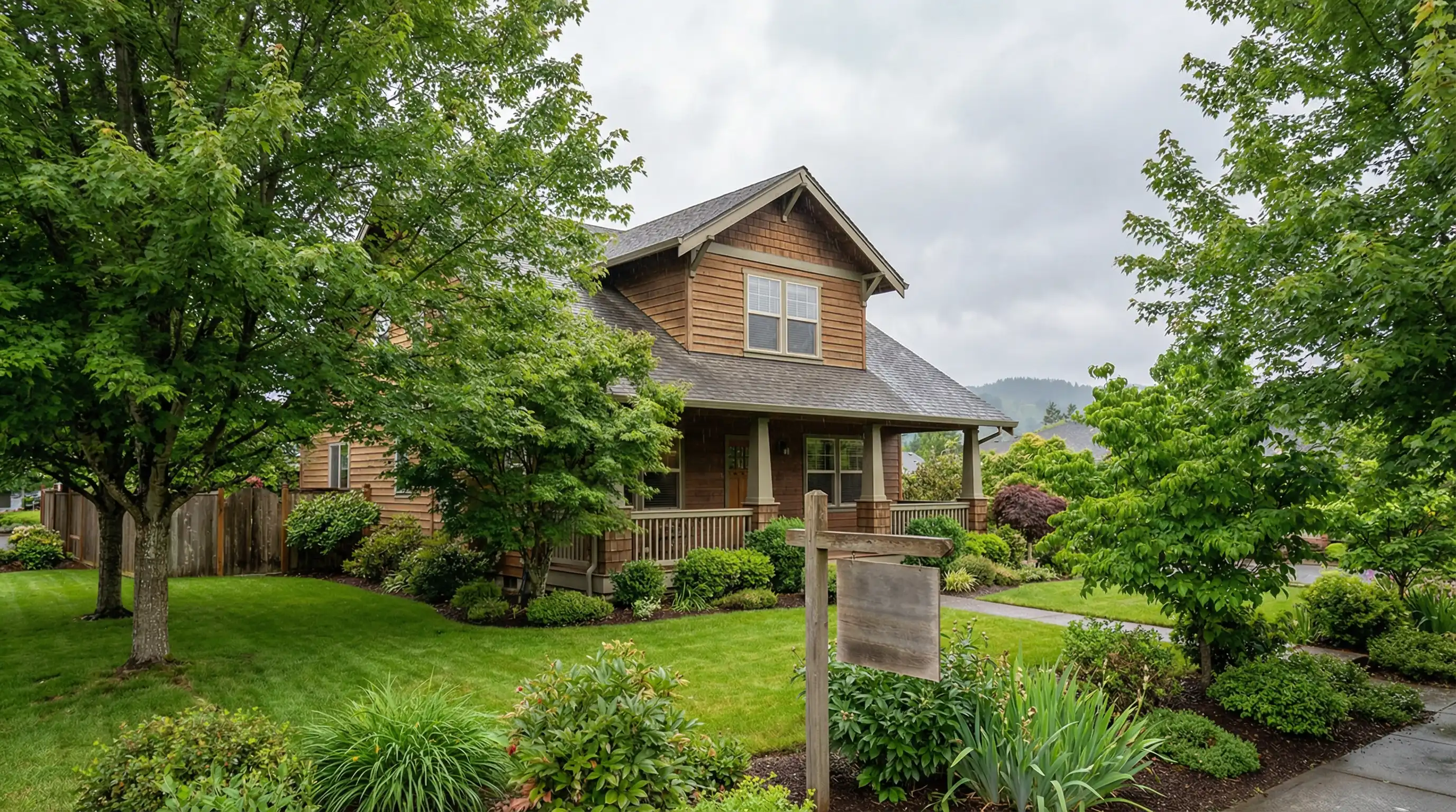 Real estate agent showing a couple a craftsman-style home for sale in a leafy Salem, OR neighborhood