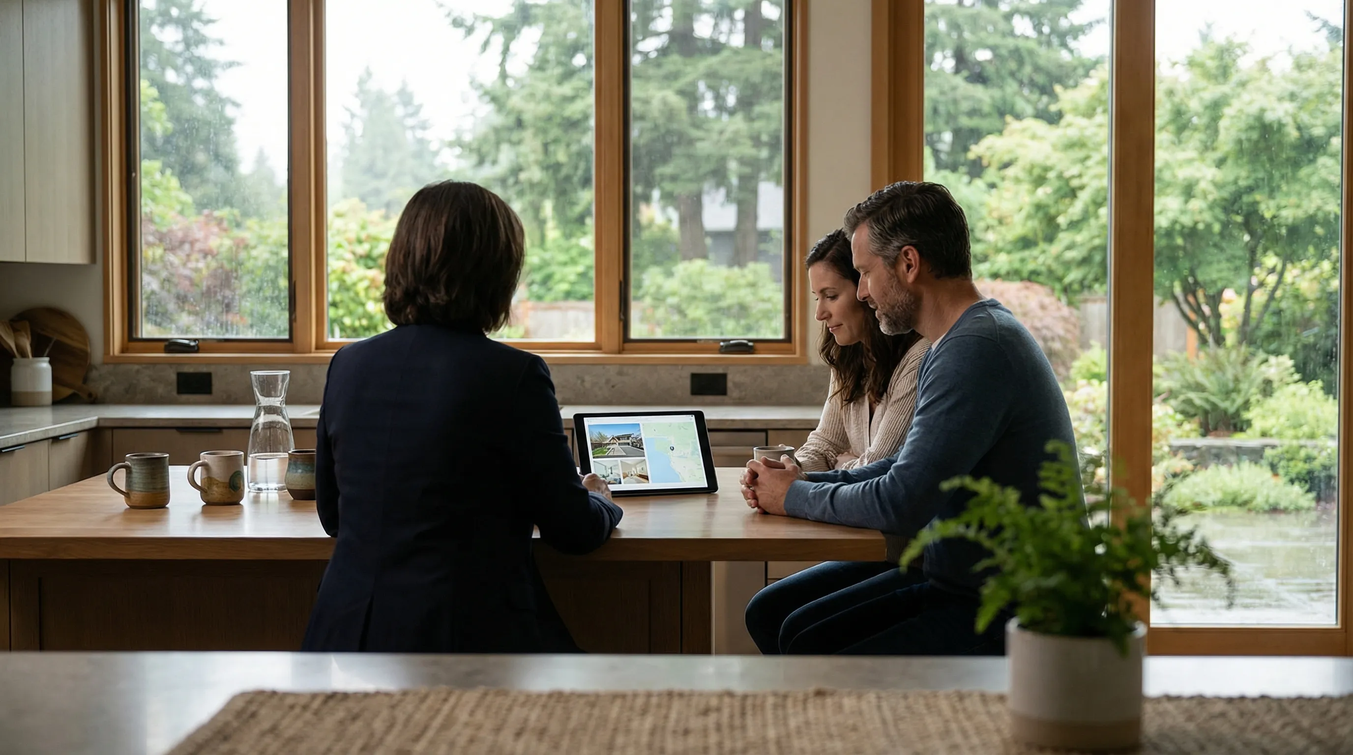 Real estate agent showing a couple a craftsman-style home for sale in a leafy Salem, OR neighborhood