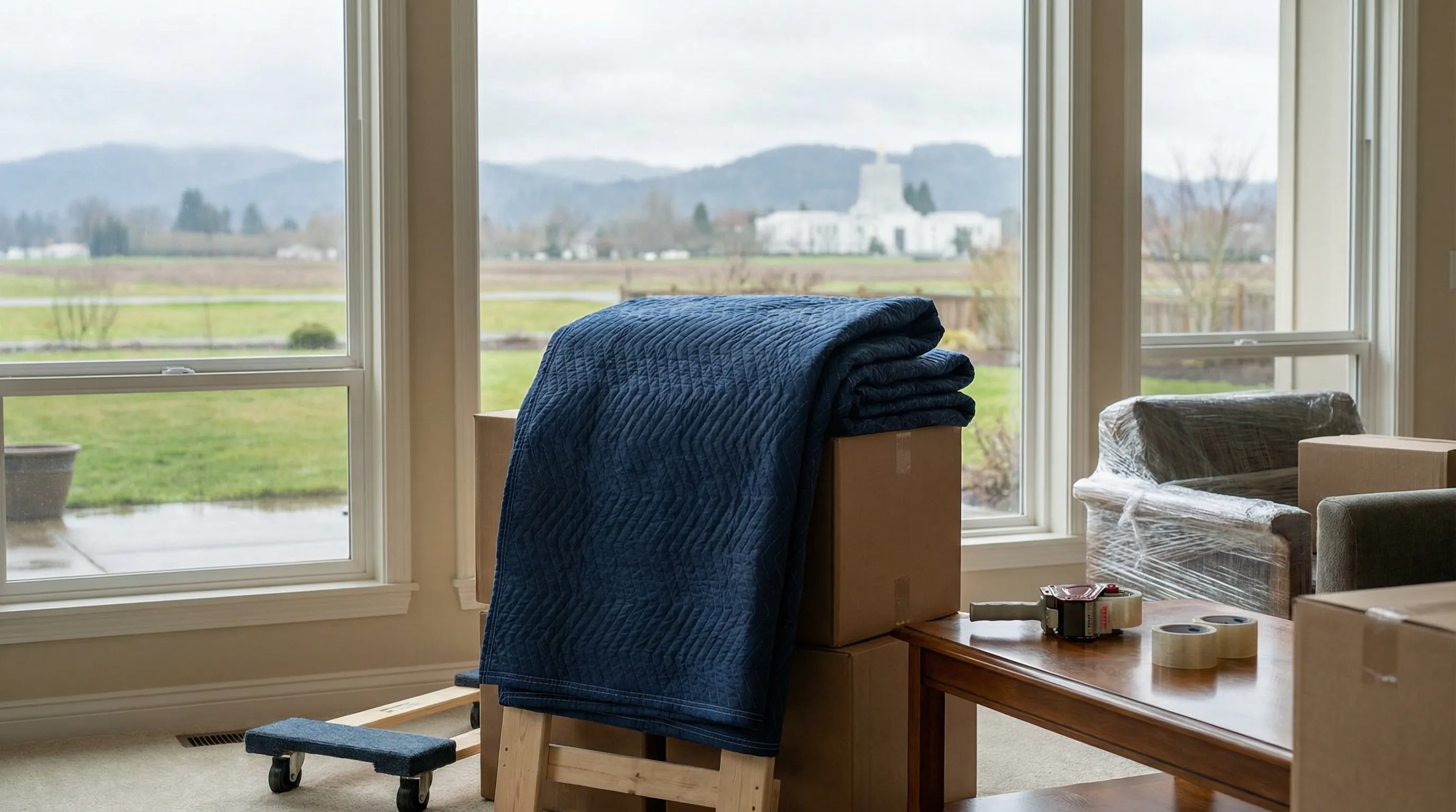 Professional moving crew loading a truck in front of a residential home in a Salem, OR neighborhood on a summer moving day