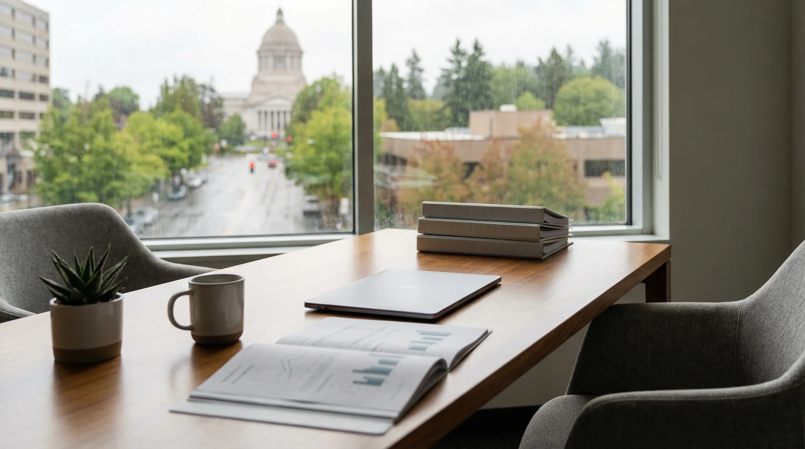 Professional CPA at a desk reviewing business financial statements with a Salem, OR small business owner client