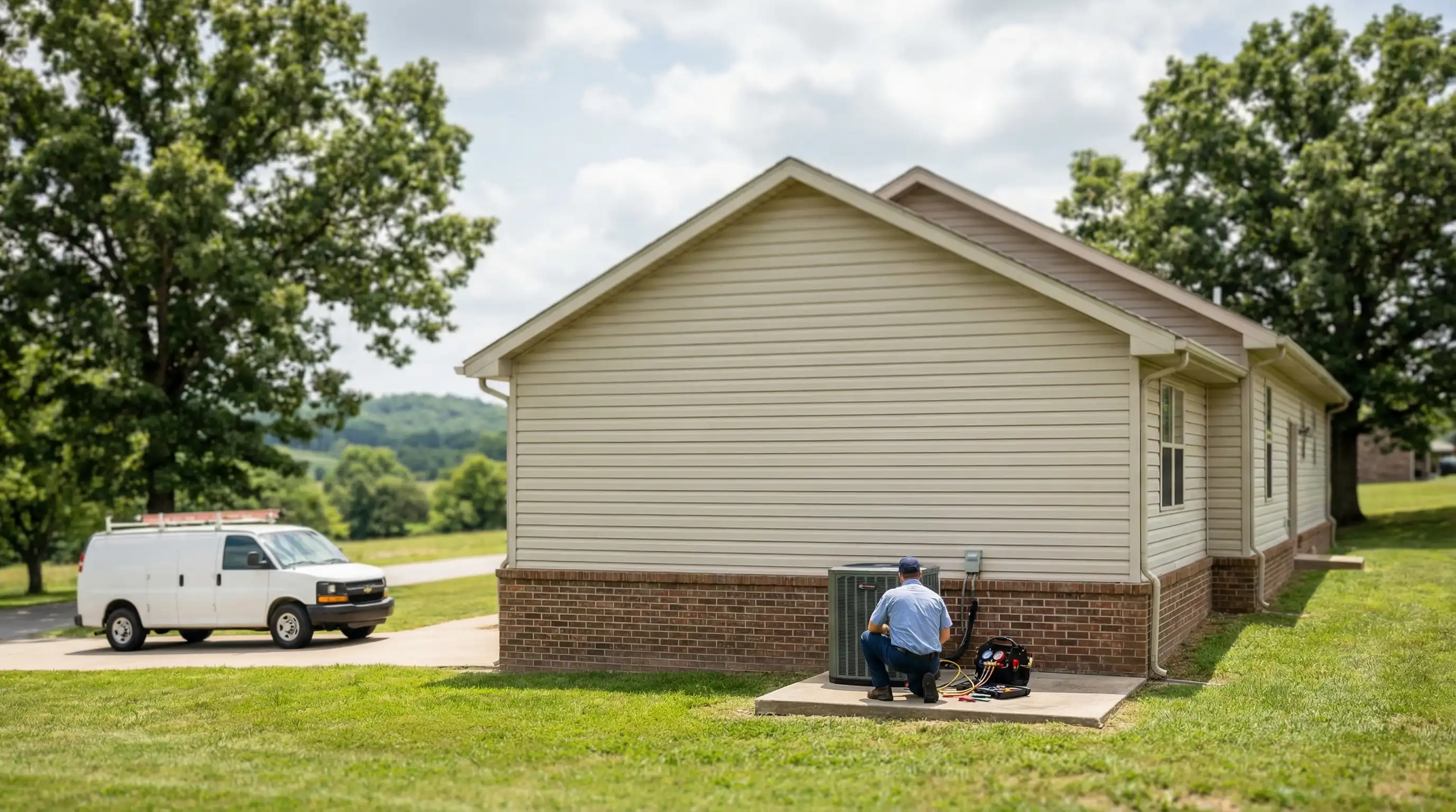 Professional HVAC technician servicing a central air conditioning unit outside a residential home in Springfield, MO