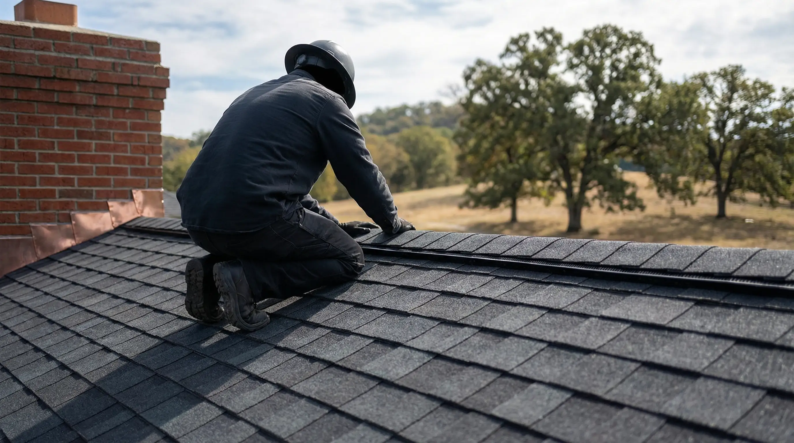 Professional roofing crew installing new asphalt shingles on a residential home in Springfield, MO, with Missouri spring sky visible in the background