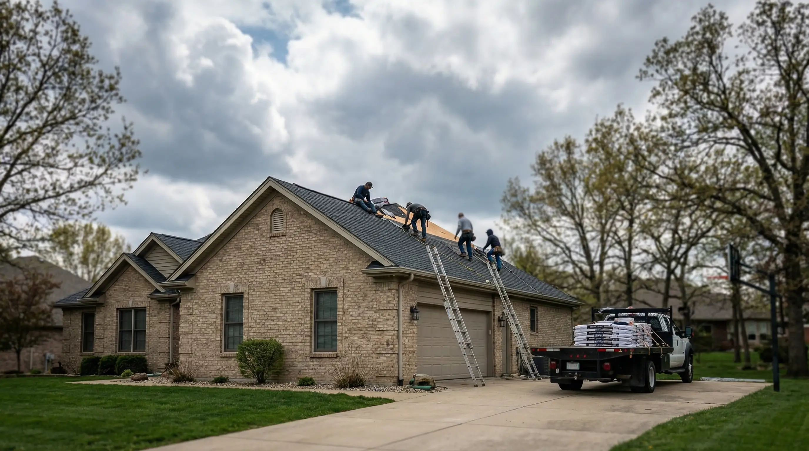 Professional roofing crew installing new asphalt shingles on a residential home in Springfield, MO, with Missouri spring sky visible in the background