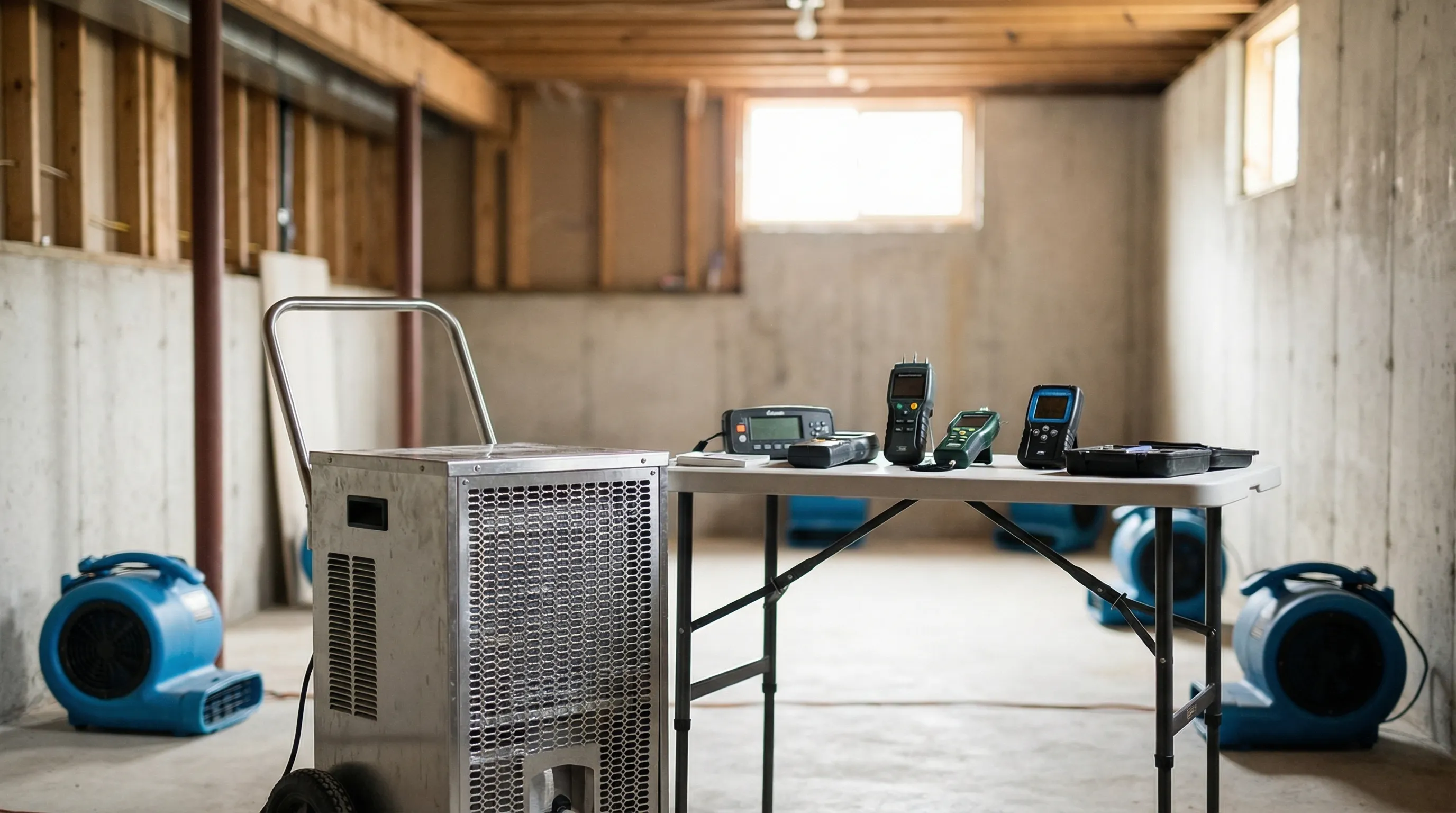 Water damage restoration technician operating industrial air movers in a Springfield, MO basement during emergency flood cleanup
