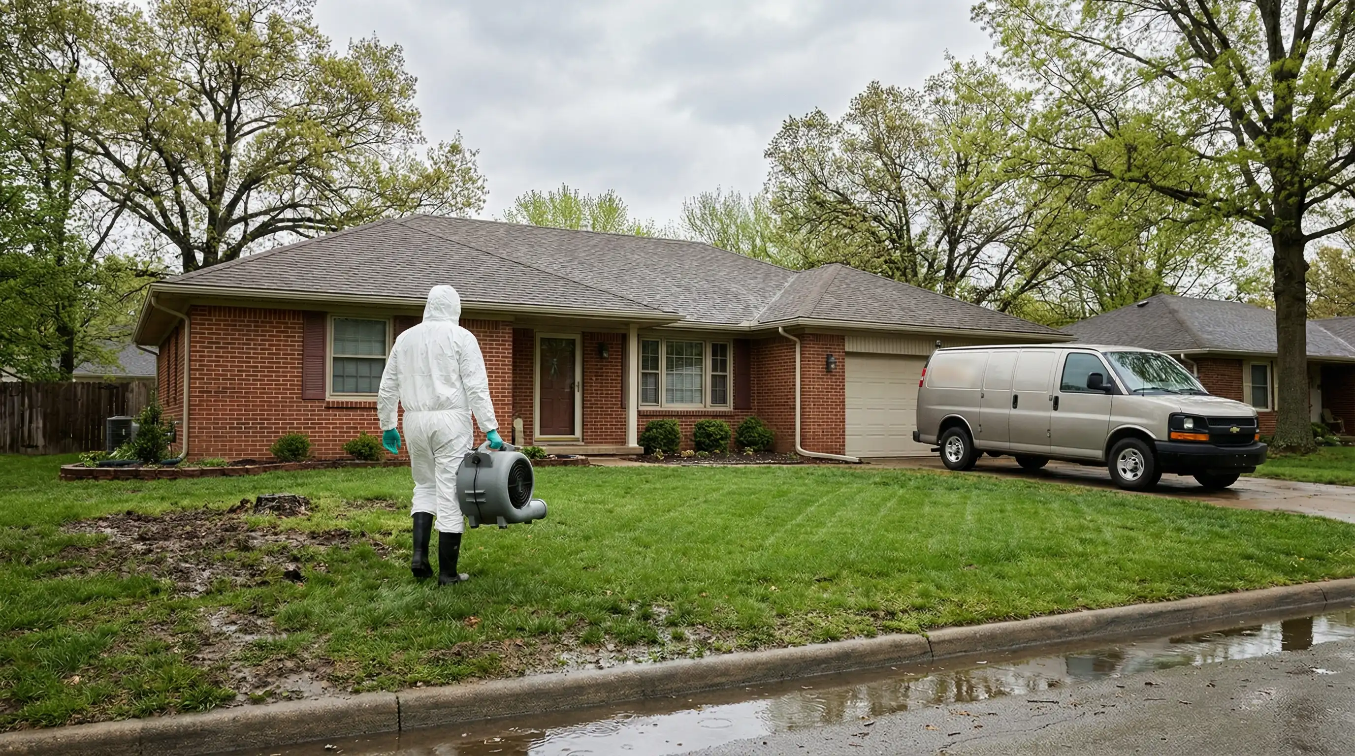 Water damage restoration technician operating industrial air movers in a Springfield, MO basement during emergency flood cleanup