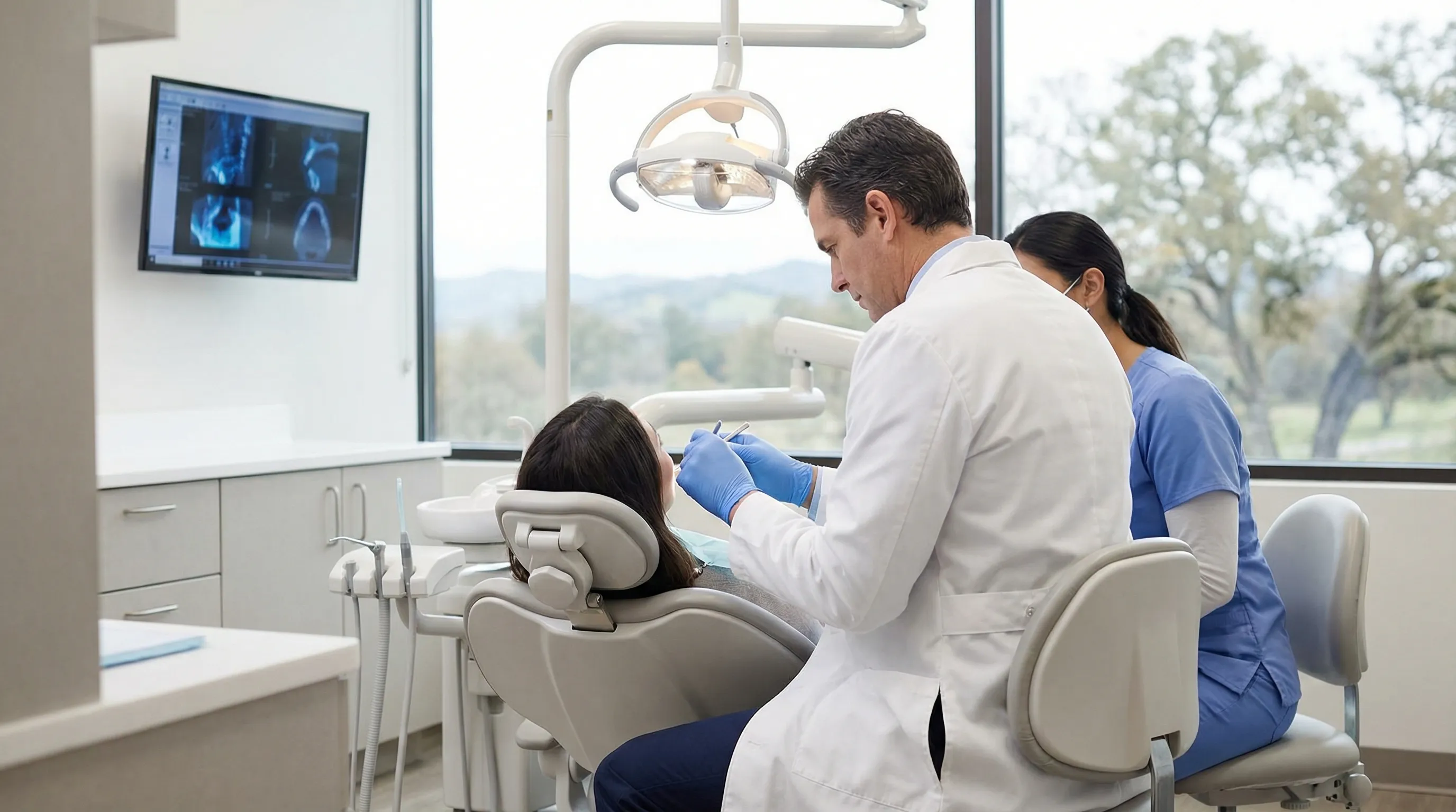 Professional dentist examining a patient in a modern dental office in Springfield, MO, with dental assistant assisting chairside