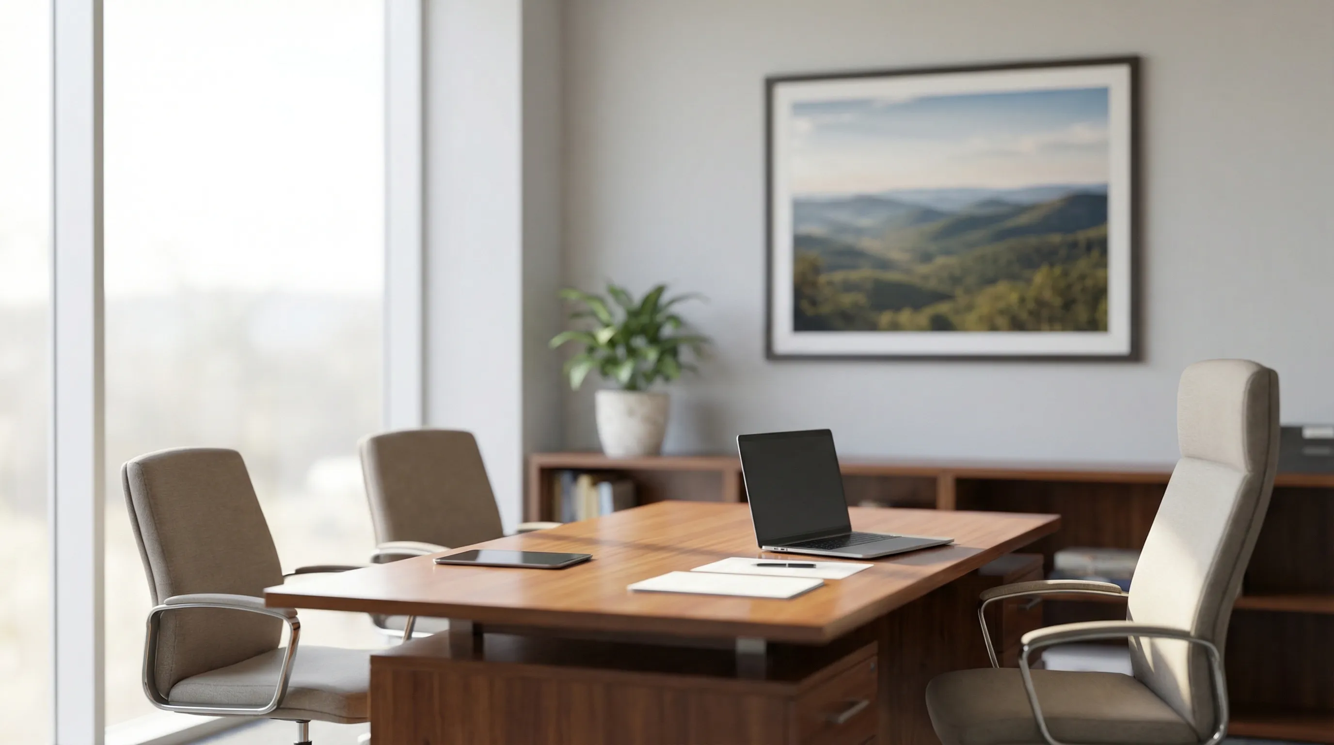 Real estate agent reviewing home listings with clients in Springfield, MO office