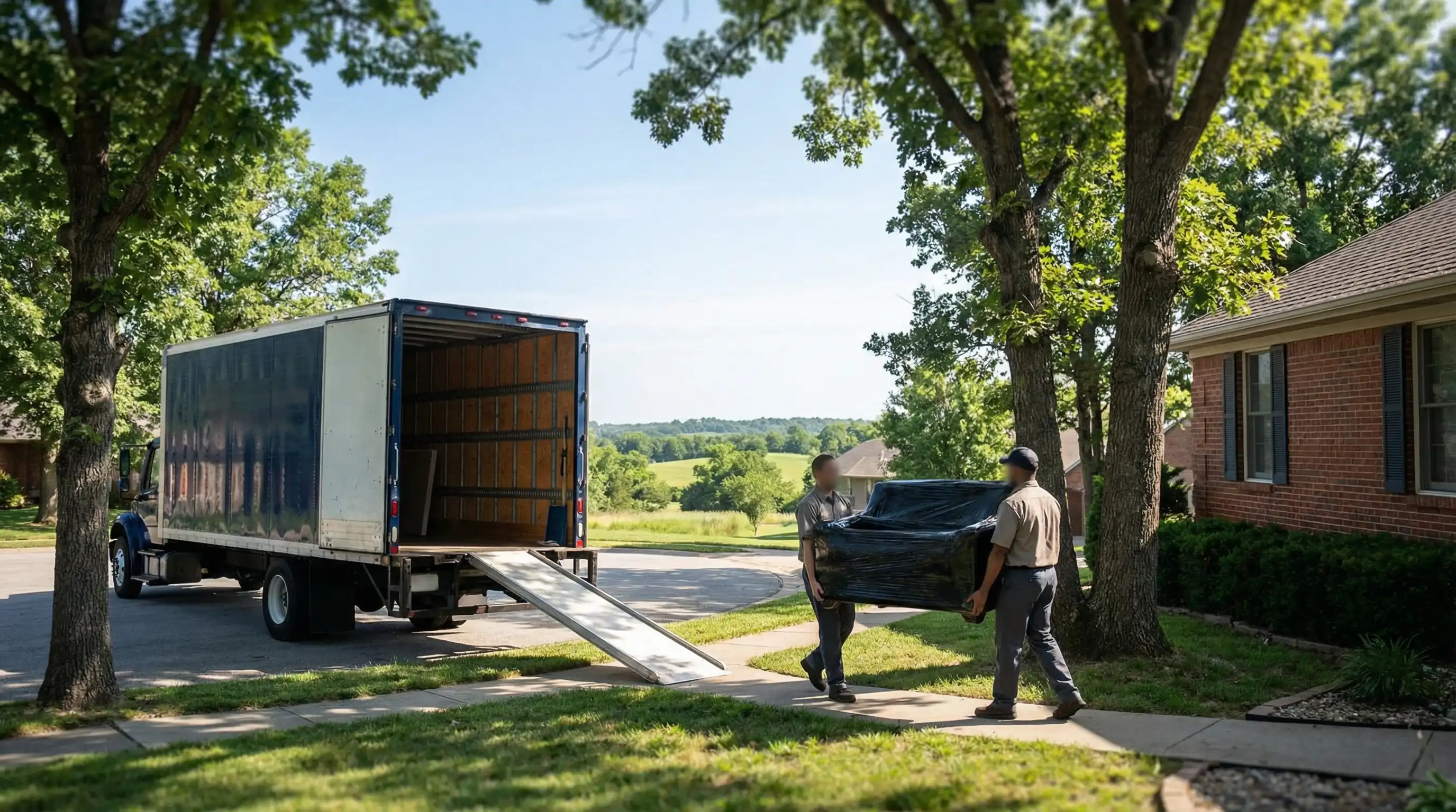 Professional moving crew loading furniture into moving truck in Springfield, MO neighborhood