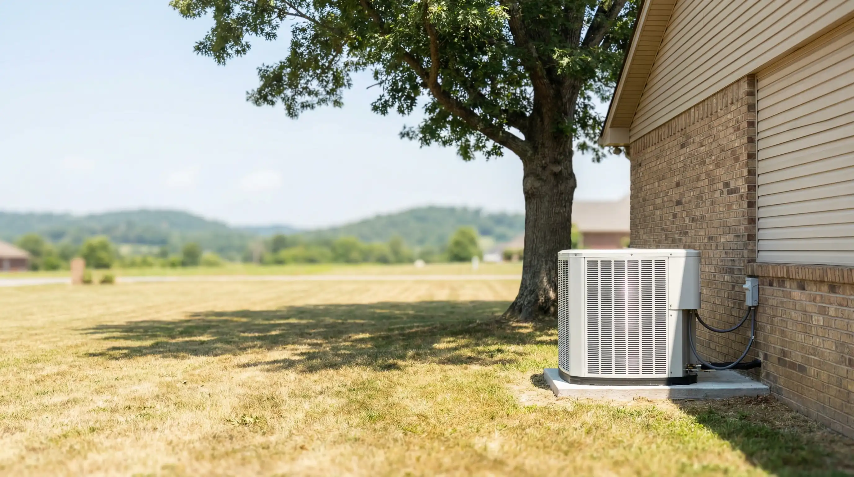 Professional HVAC technician inspecting a residential air conditioning unit in a Clarksville, TN suburban home