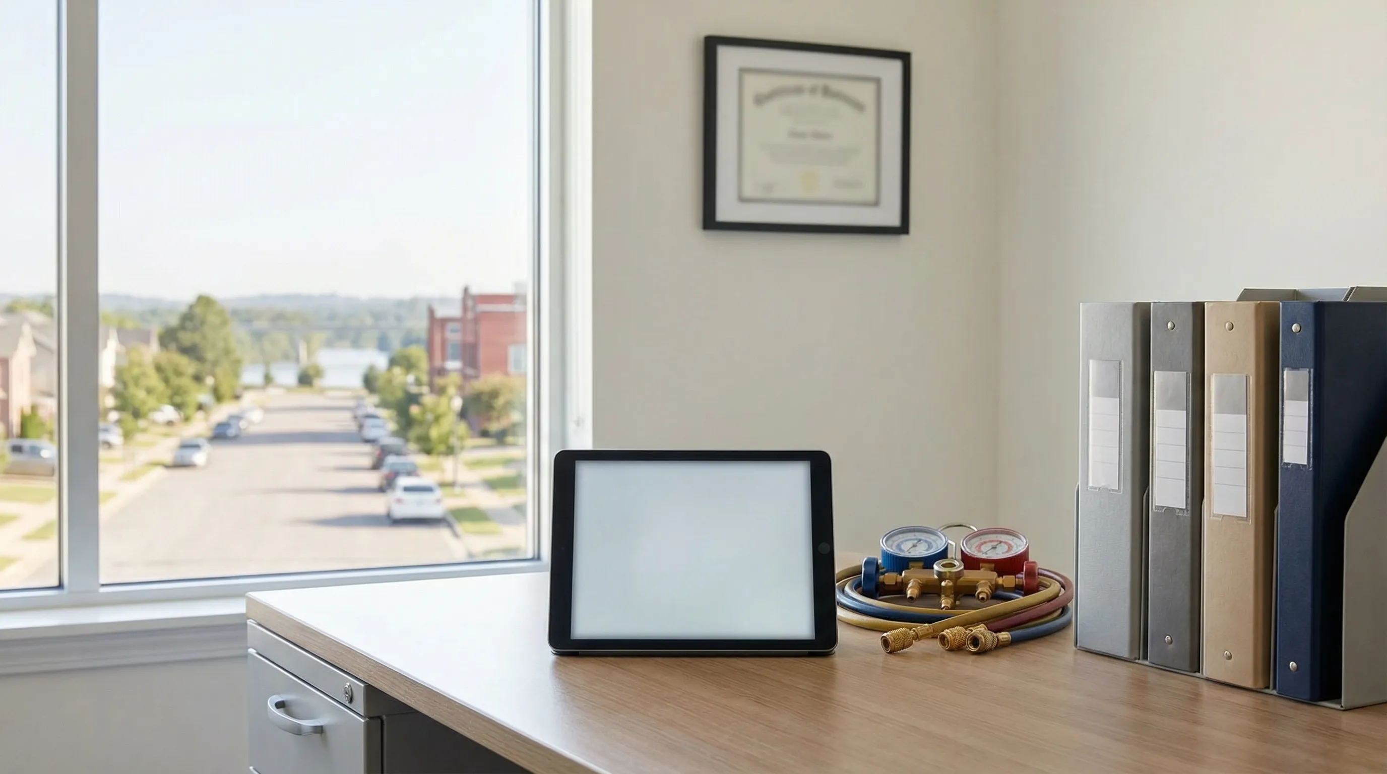 Professional HVAC technician inspecting a residential air conditioning unit in a Clarksville, TN suburban home