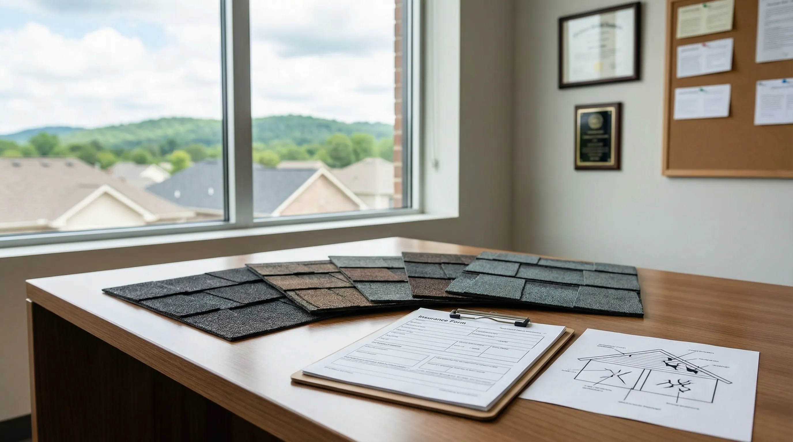 Professional roofing contractor inspecting an asphalt shingle roof after a hail storm in Clarksville, TN
