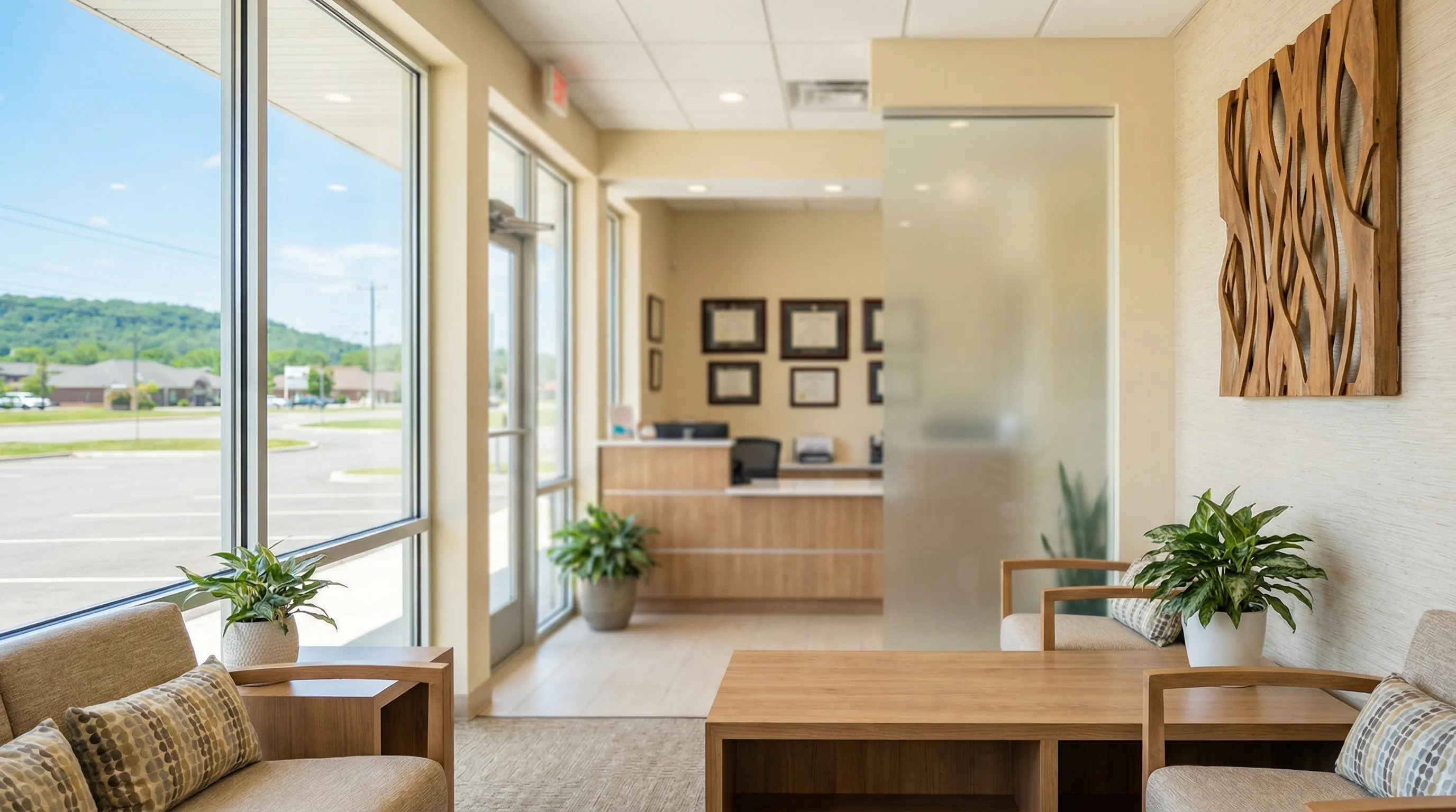 Modern dental practice reception area in Clarksville, TN showing TRICARE accepted signage and family-friendly environment