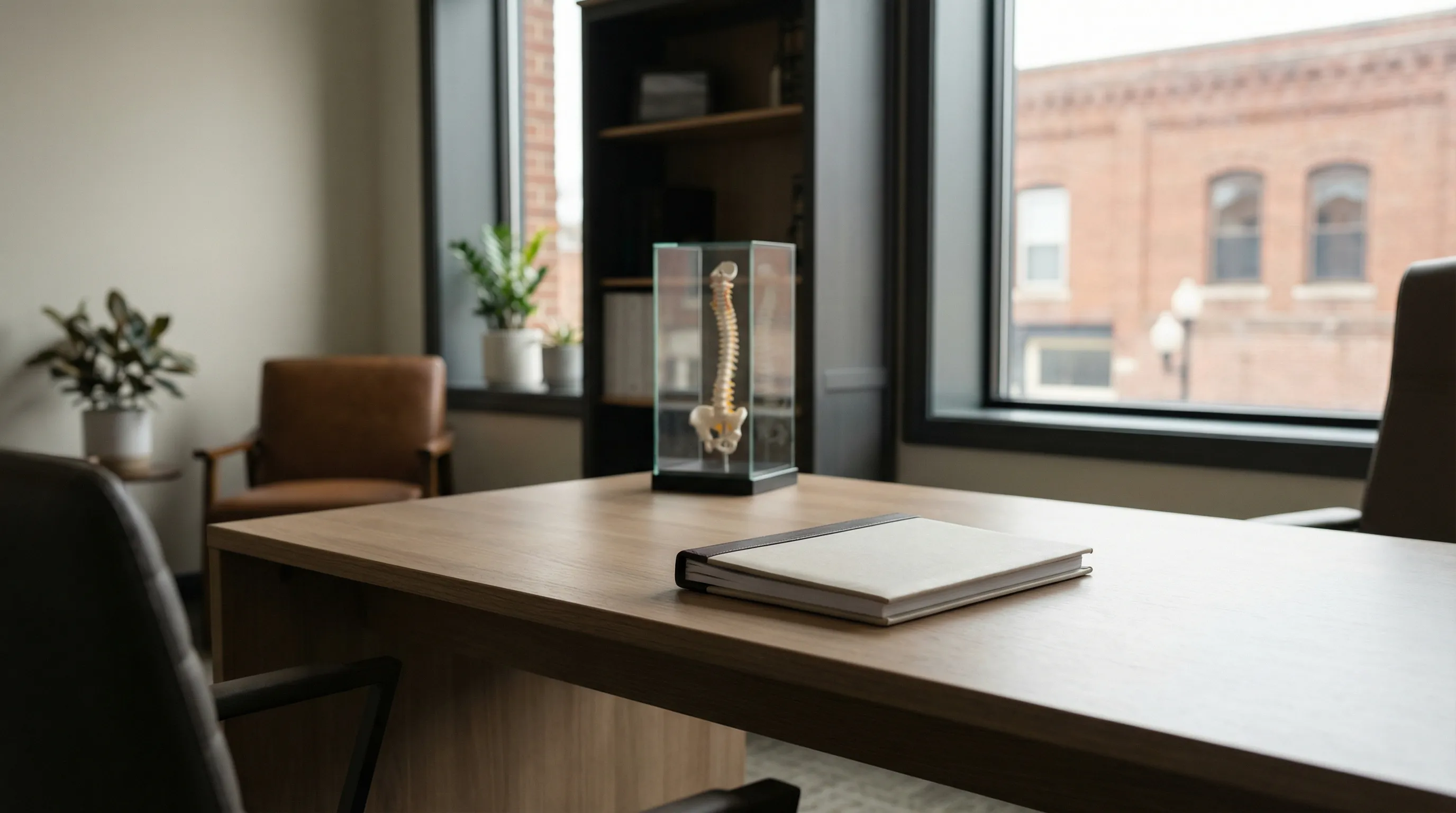 Professional personal injury law office consultation room in Clarksville, TN with attorney reviewing case documents with client