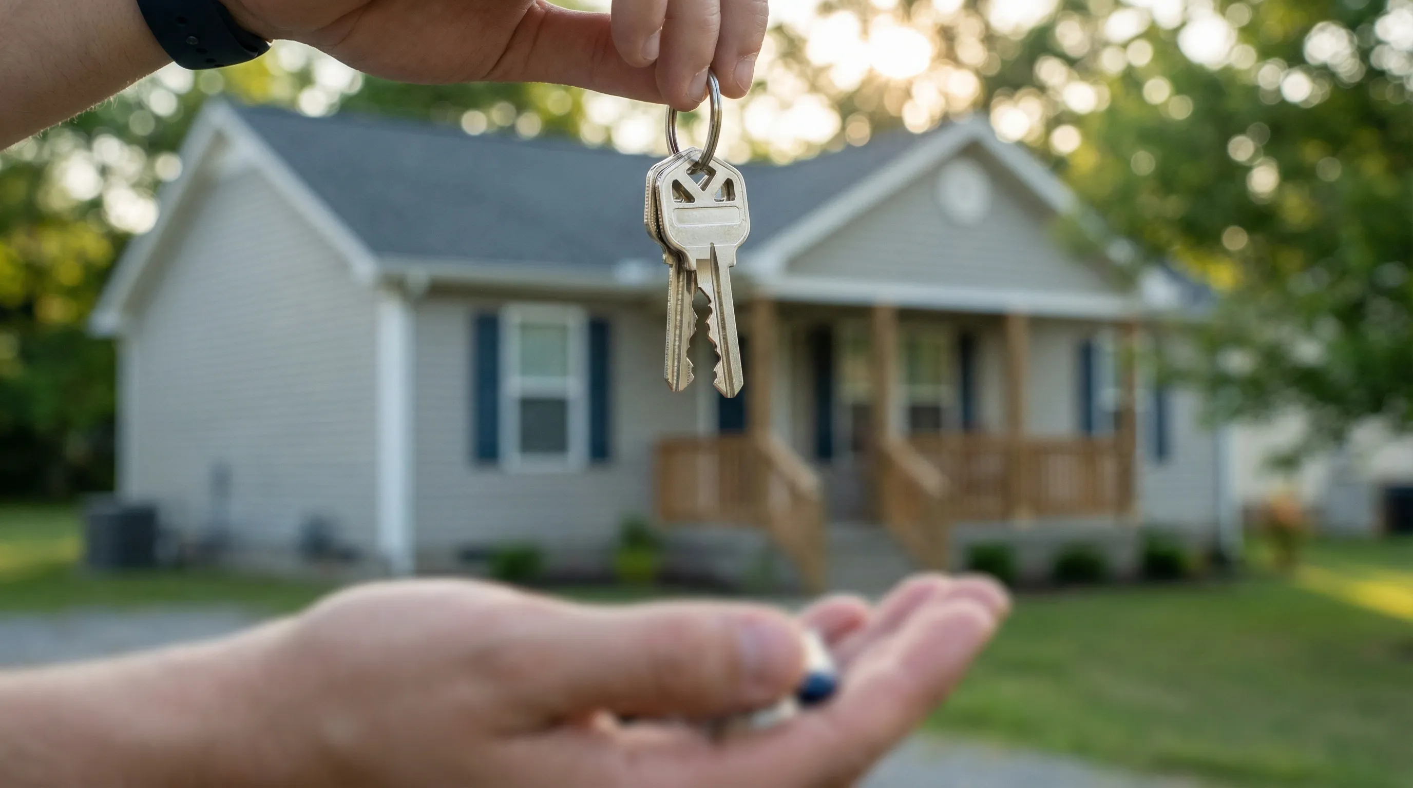 Real estate agent handing house keys to a military family outside a Clarksville, TN home with a SOLD sign in the yard