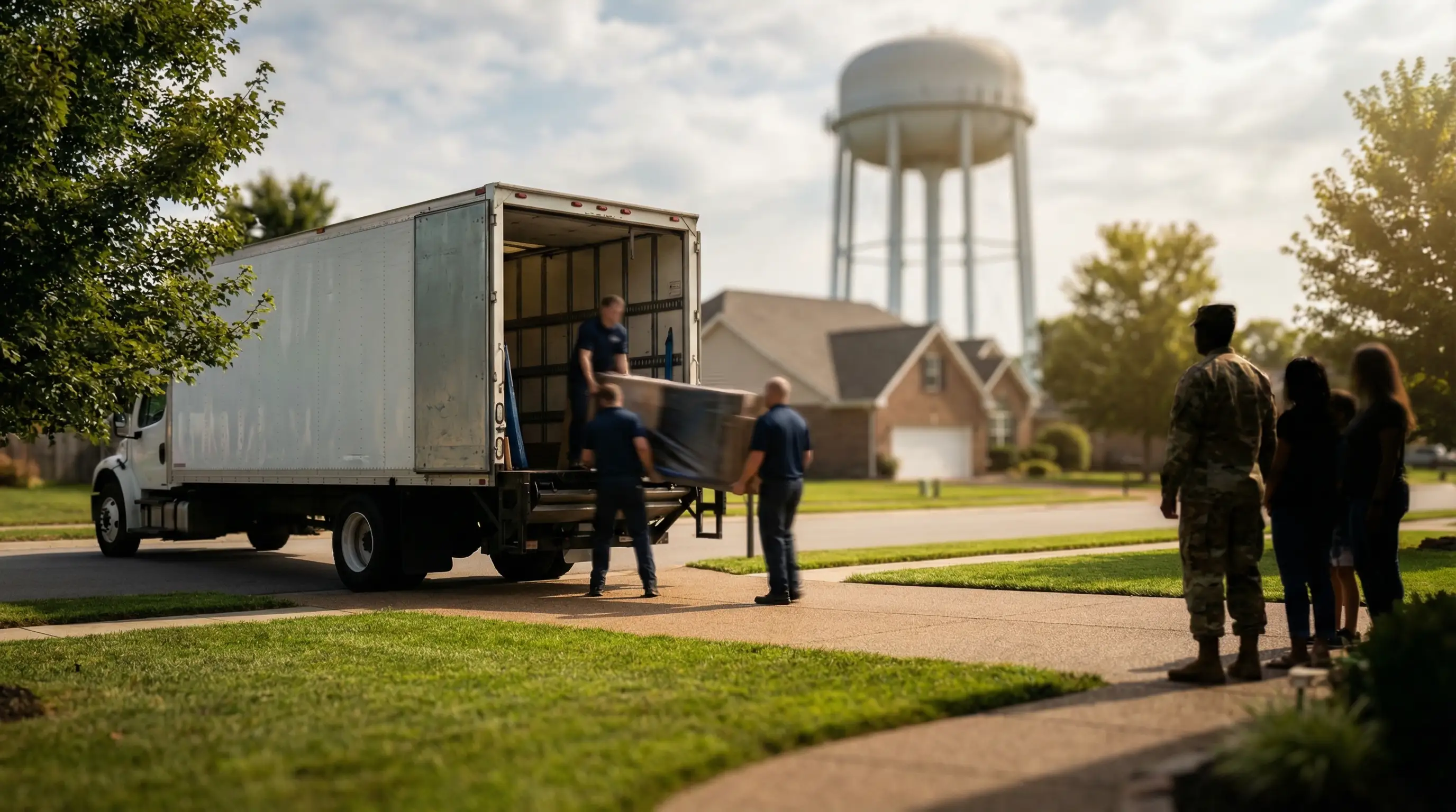 Moving truck parked outside a Clarksville, TN home with uniformed movers loading furniture during a Fort Campbell PCS relocation