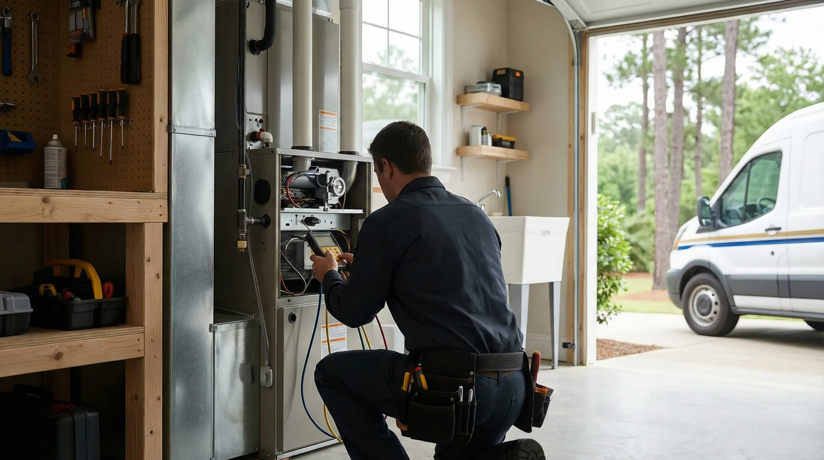 Professional HVAC technician servicing a central air conditioning unit outside a suburban home in Jackson, MS