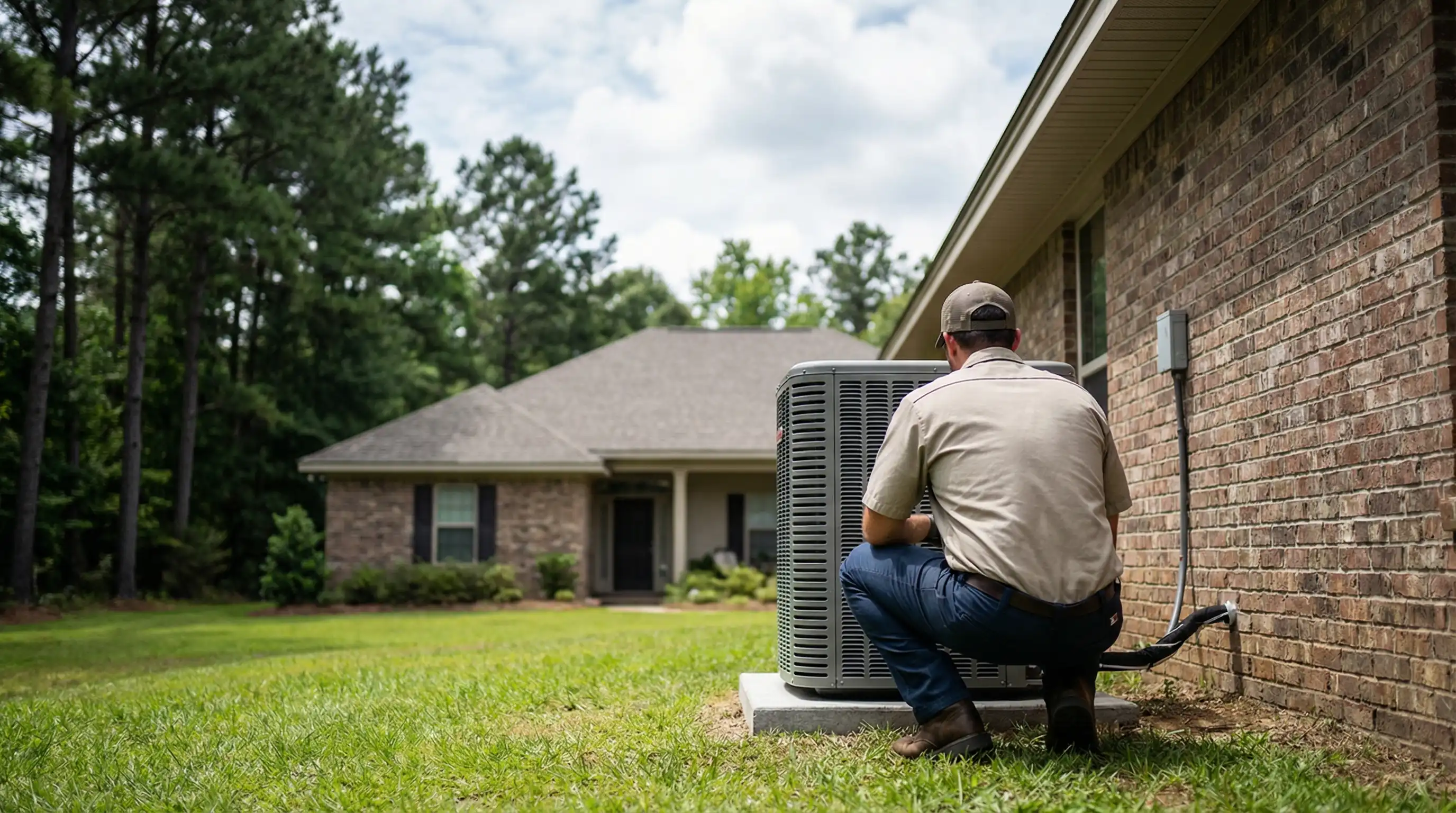 Professional HVAC technician servicing a central air conditioning unit outside a suburban home in Jackson, MS