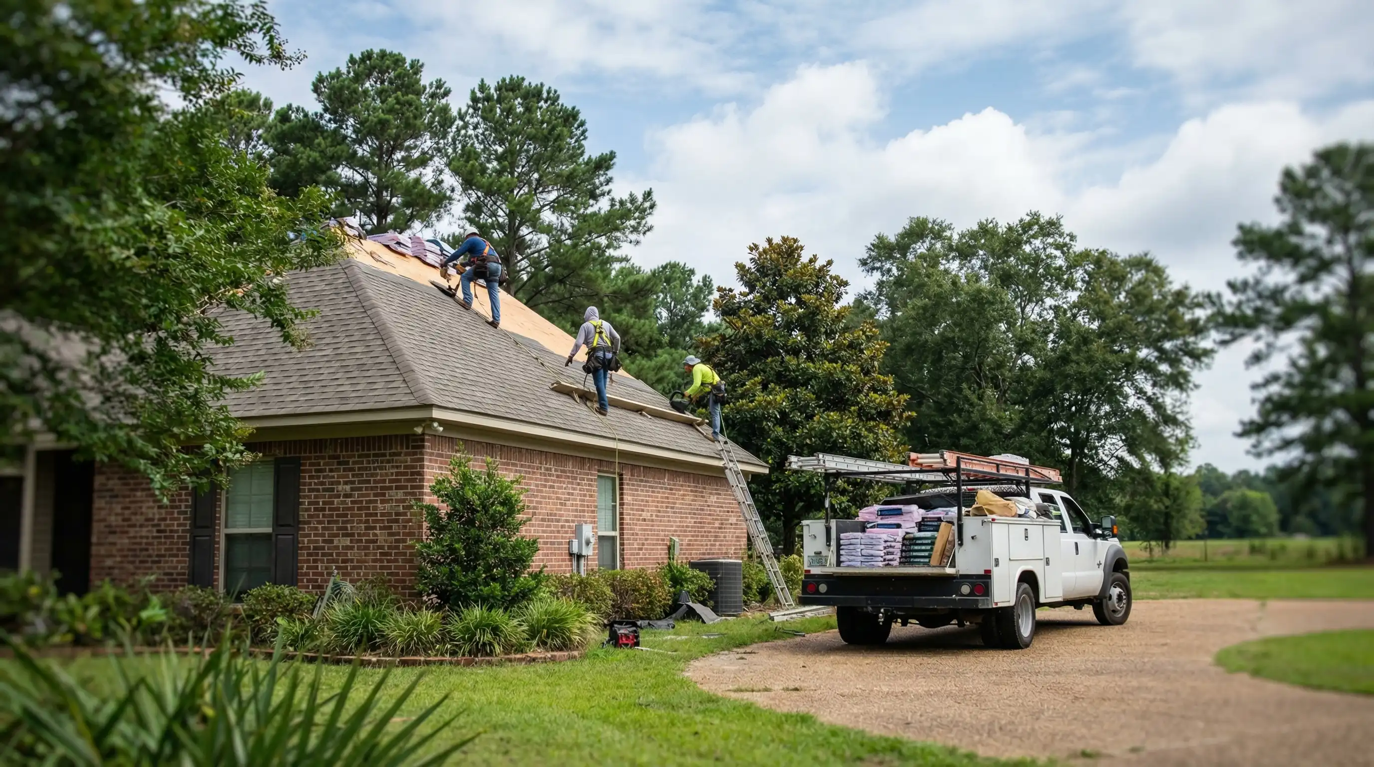 Professional roofing crew inspecting storm damage on a residential home in the Jackson, MS suburbs
