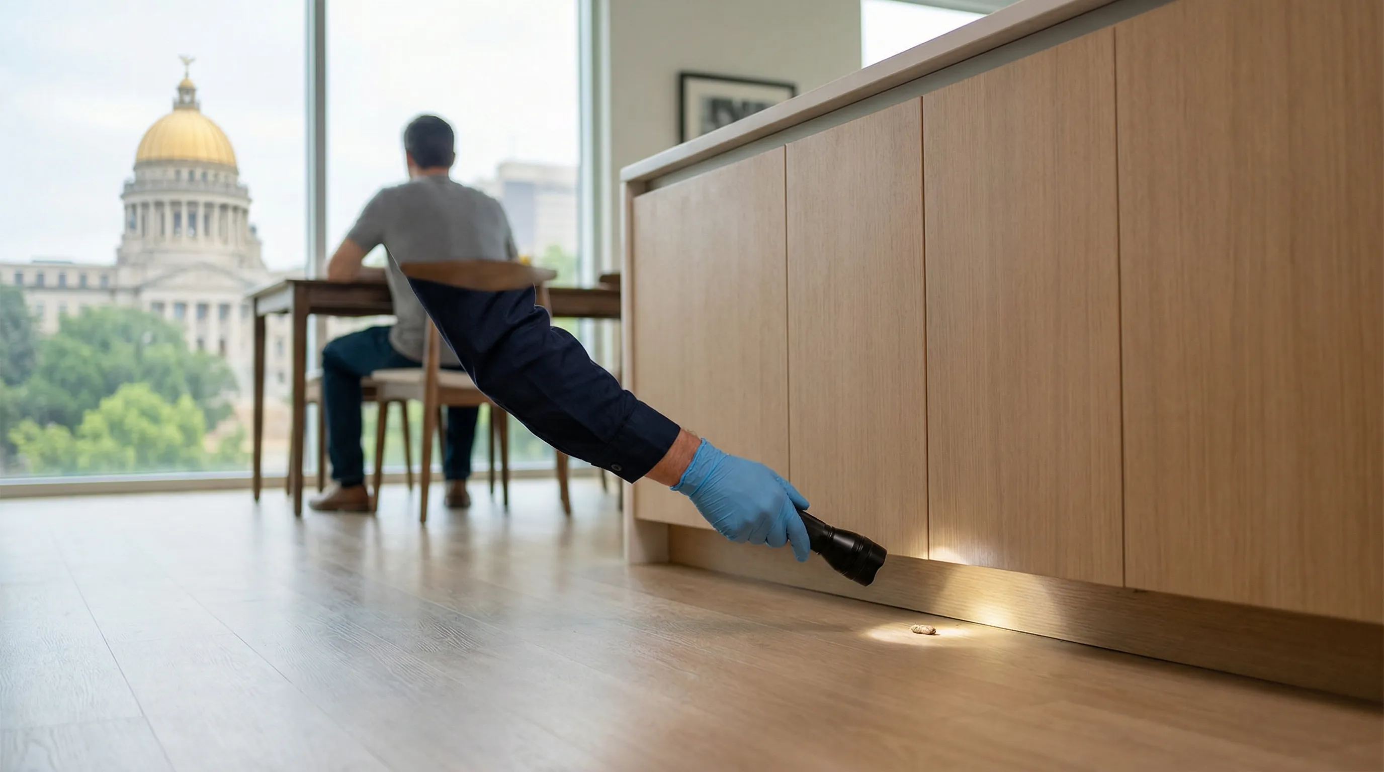 Professional pest control technician treating the foundation perimeter of a suburban home in Jackson, MS